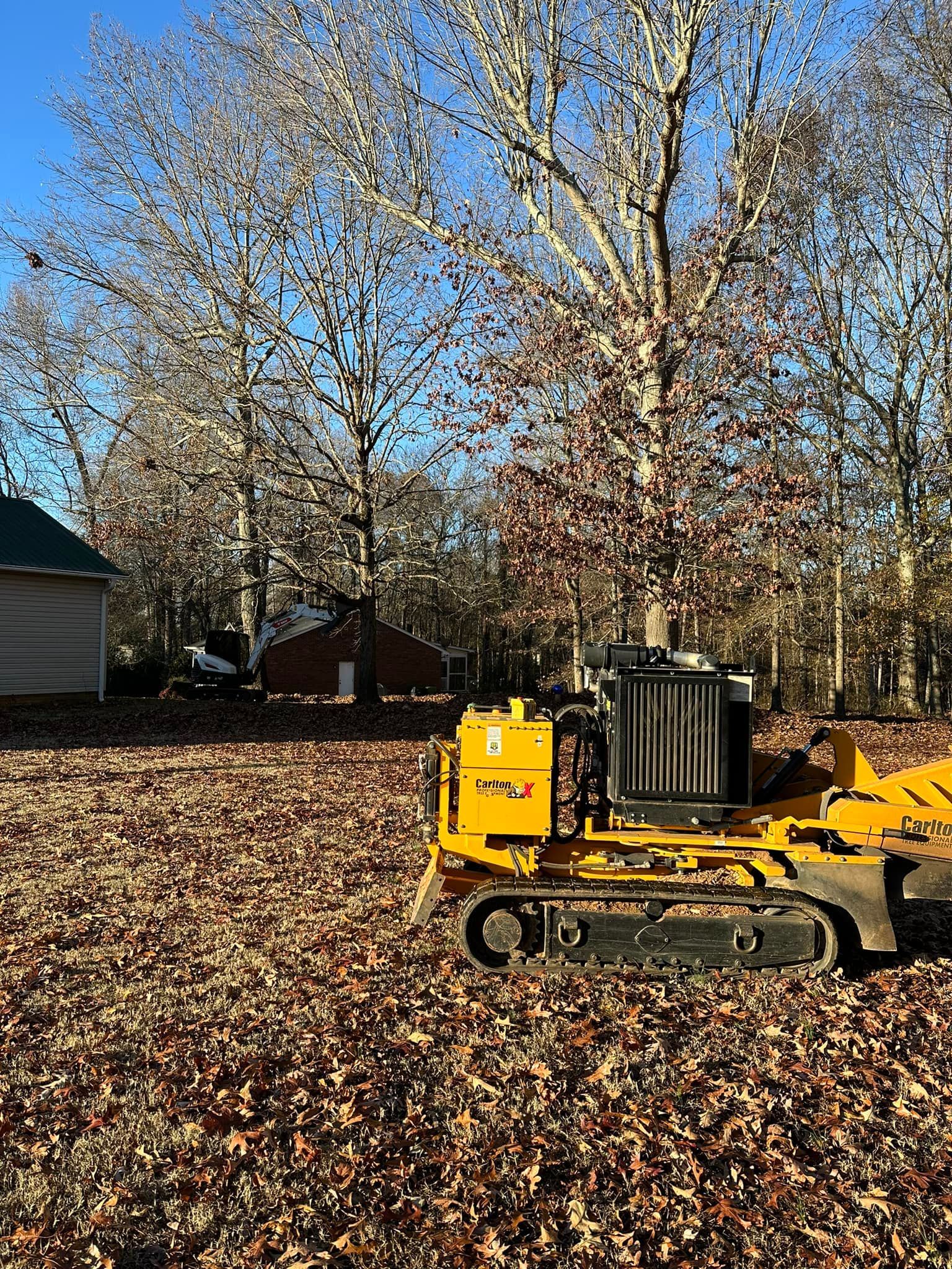 A yellow bulldozer is parked in a field of leaves.