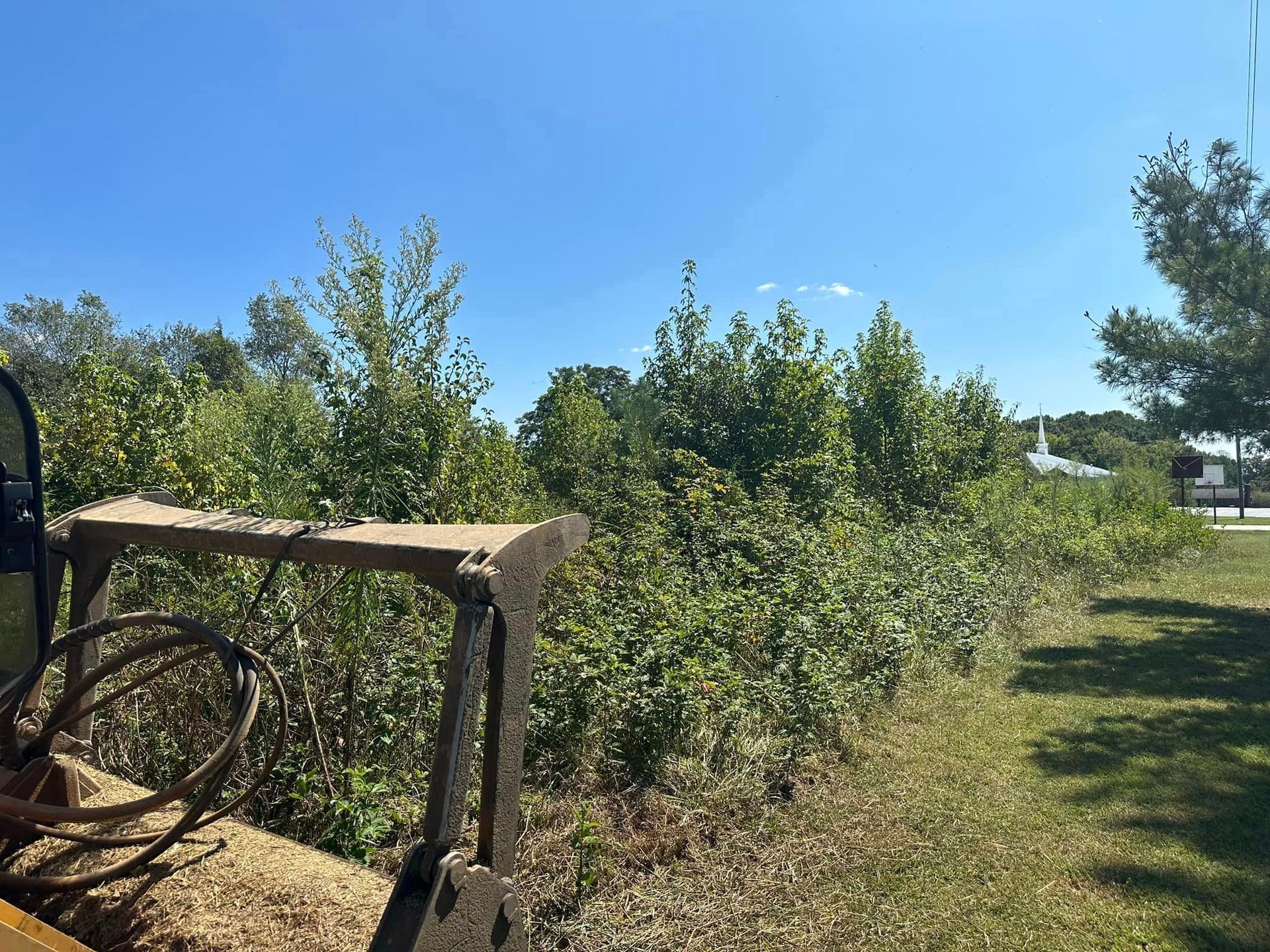 A tractor is cutting grass in a field with trees in the background.