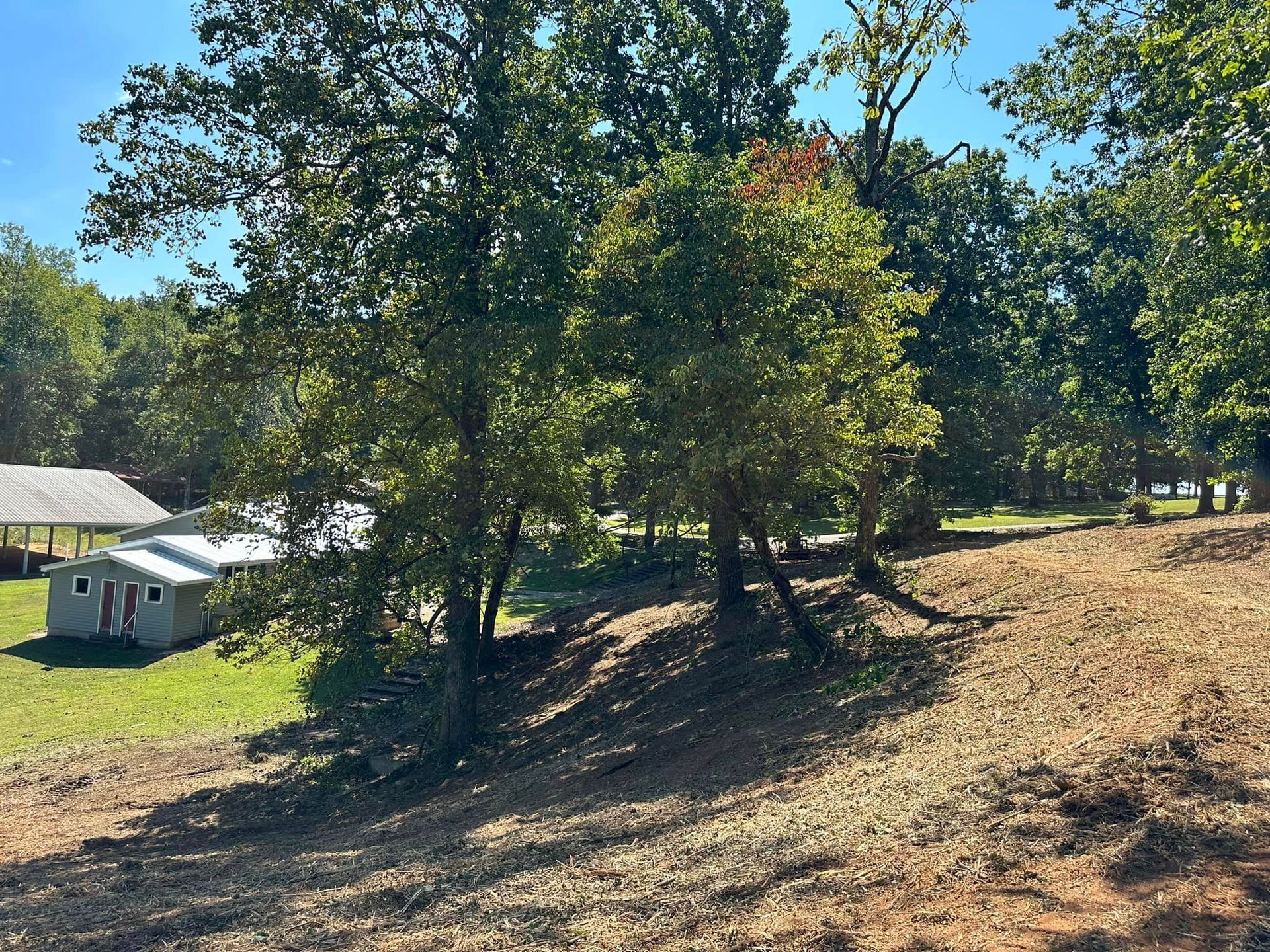 A house is sitting in the middle of a field surrounded by trees.