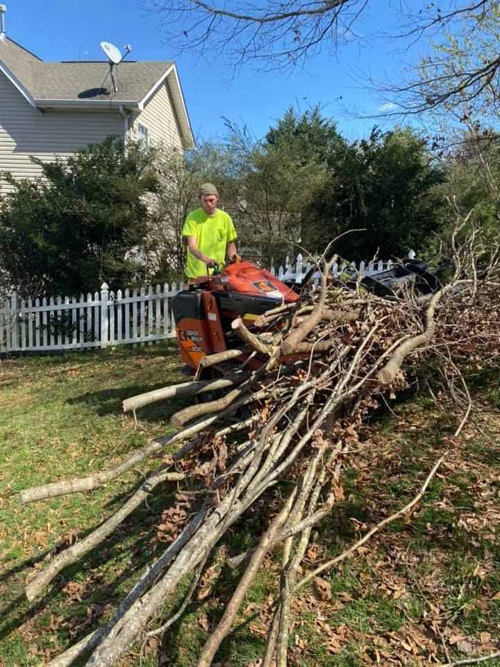 A man is standing next to a pile of branches in a yard.