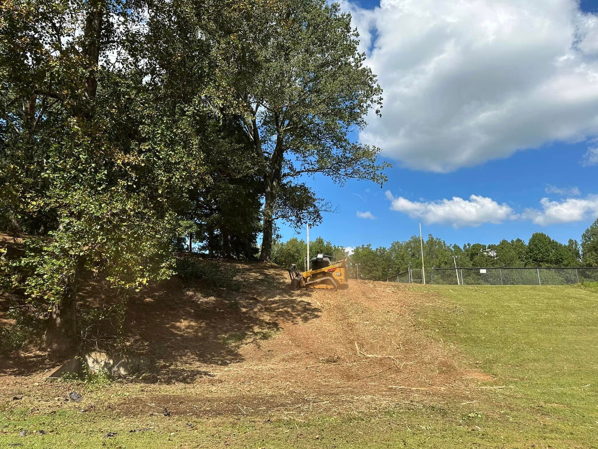 A bulldozer is working in a field with trees in the background.
