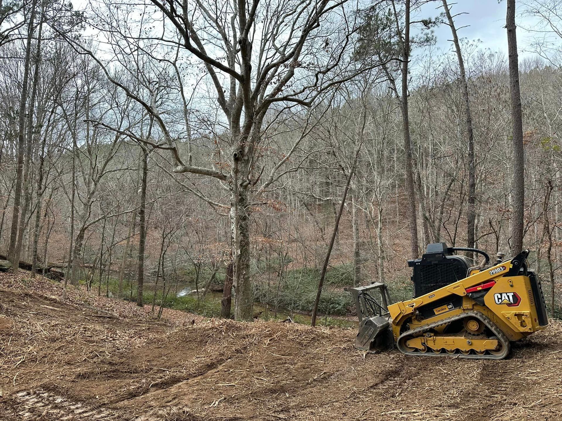 A yellow bulldozer is parked in the middle of a forest.