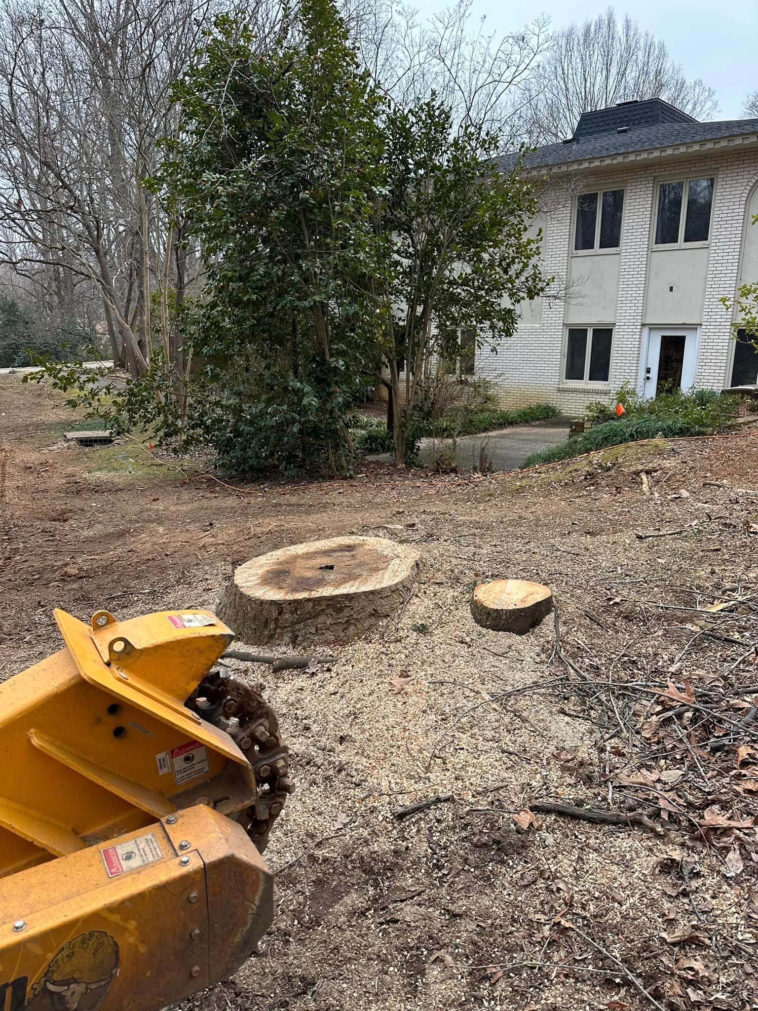 A yellow stump grinder is sitting in the dirt in front of a house.