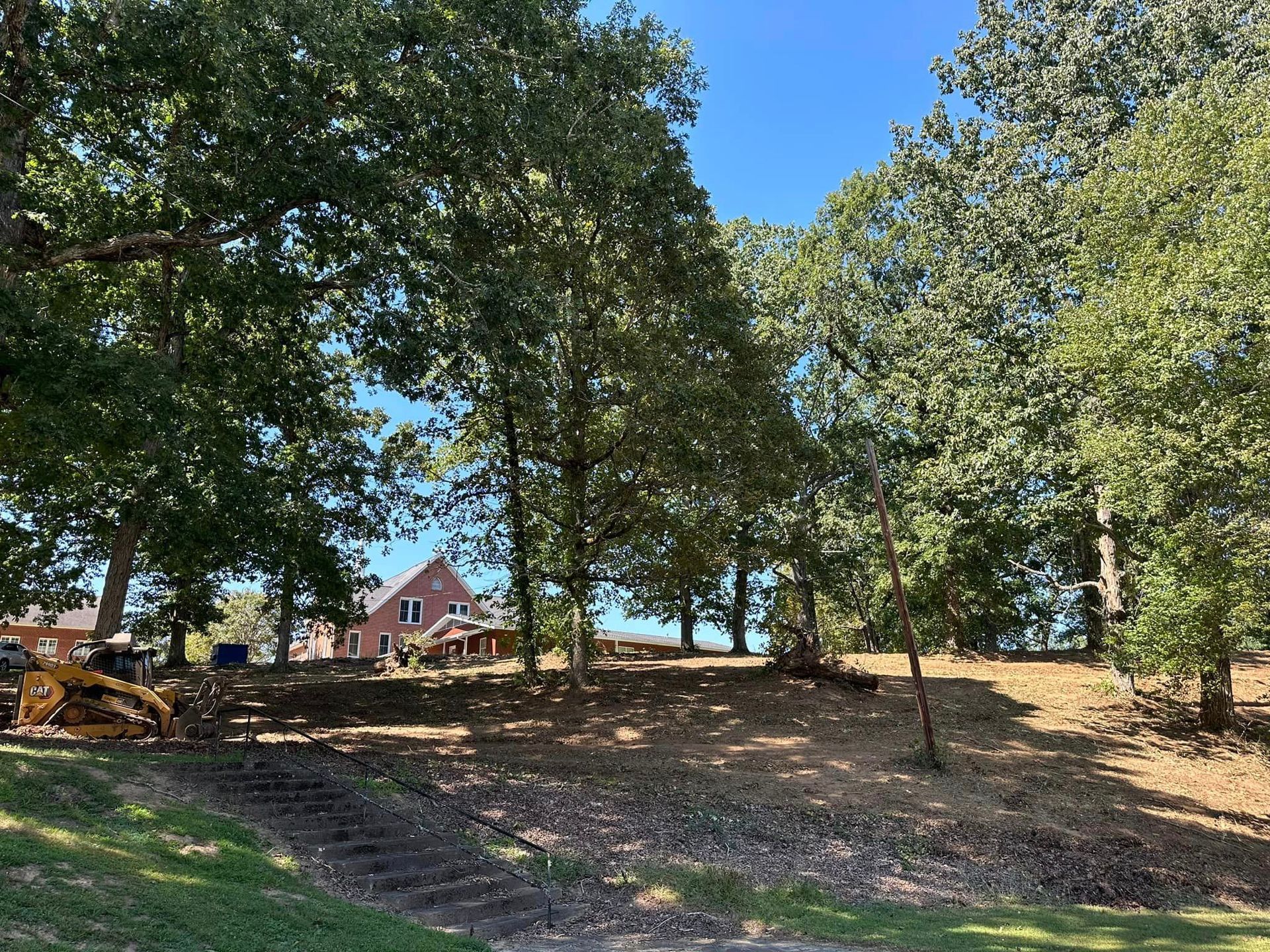 There is a house in the background and a lot of trees in the foreground.
