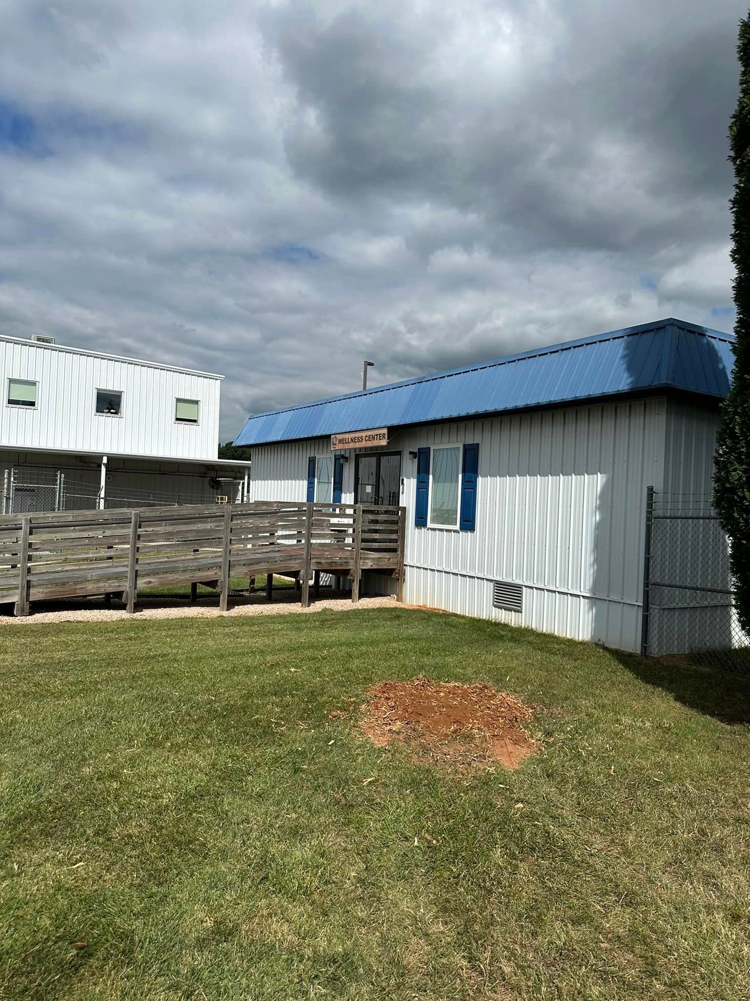 A white house with a blue roof is sitting on top of a lush green field.