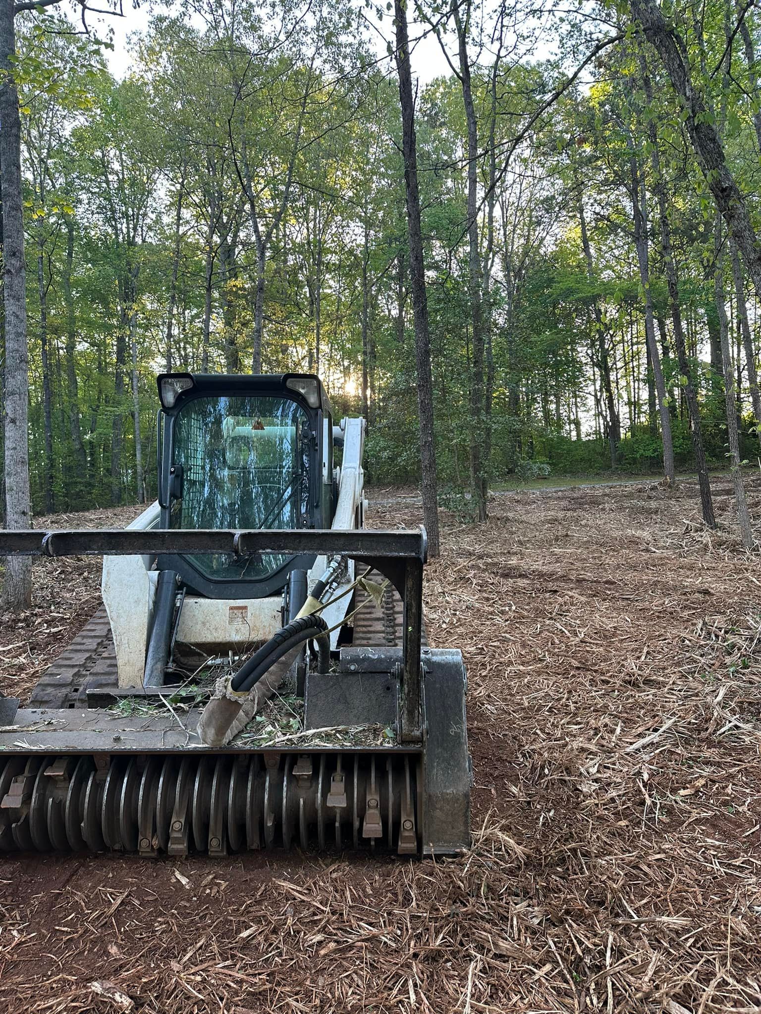 A bulldozer is cutting down trees in the woods.