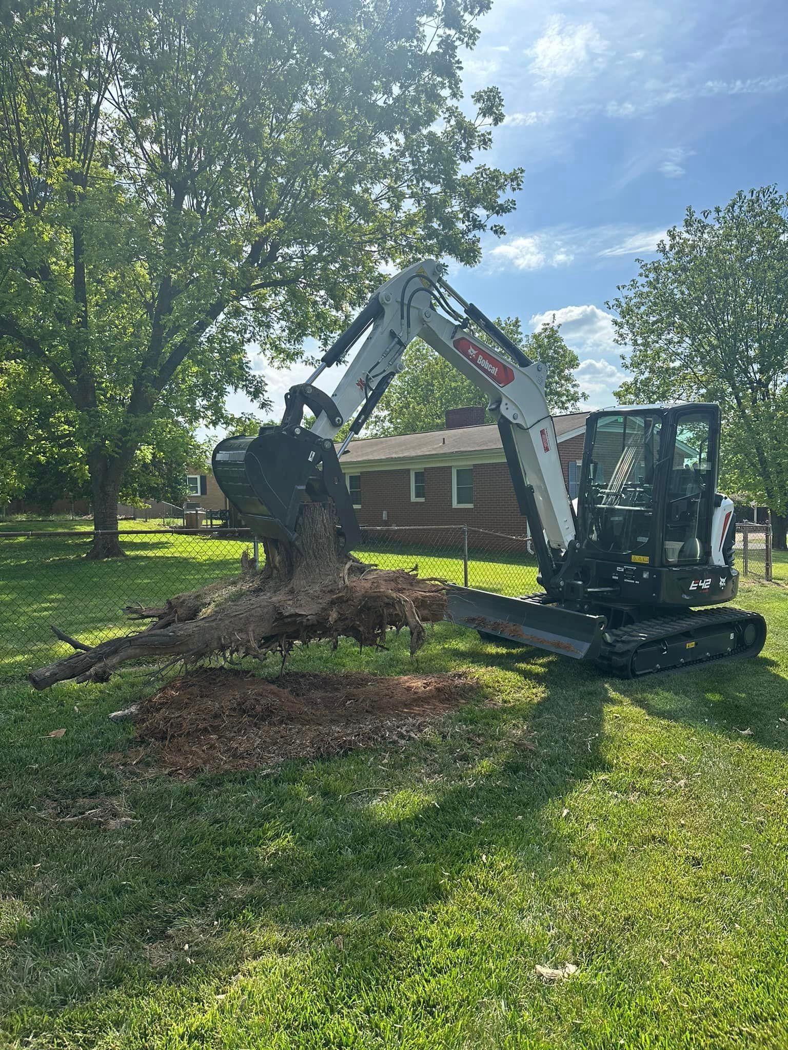 A bulldozer is digging a hole in the ground next to a tree stump.