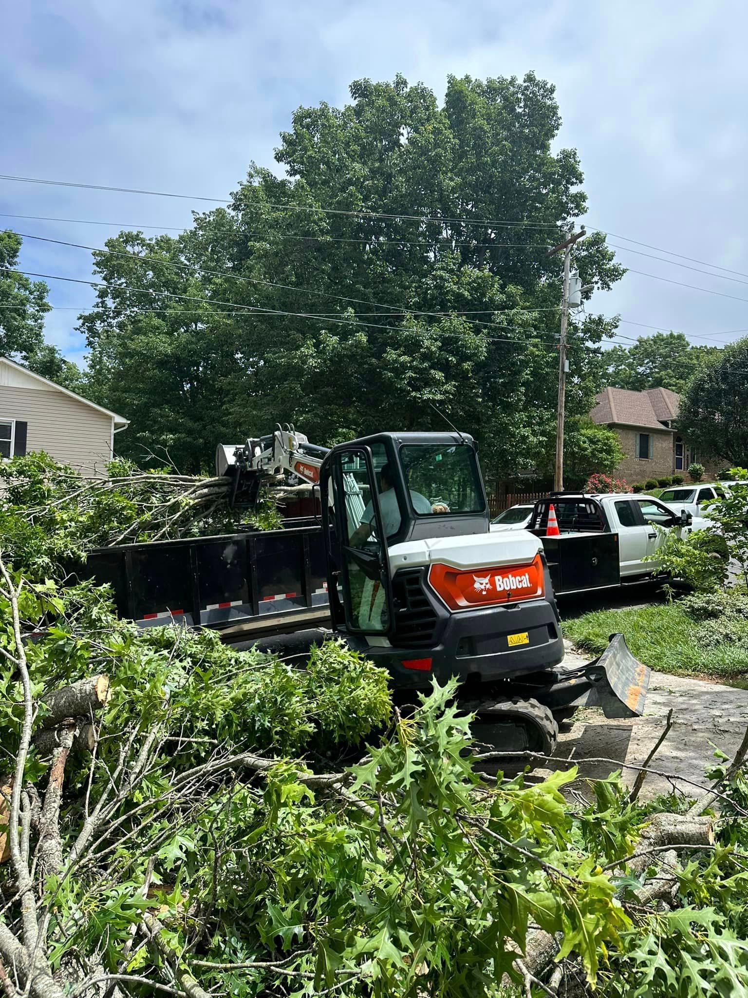A bulldozer is cutting down a tree in a yard.