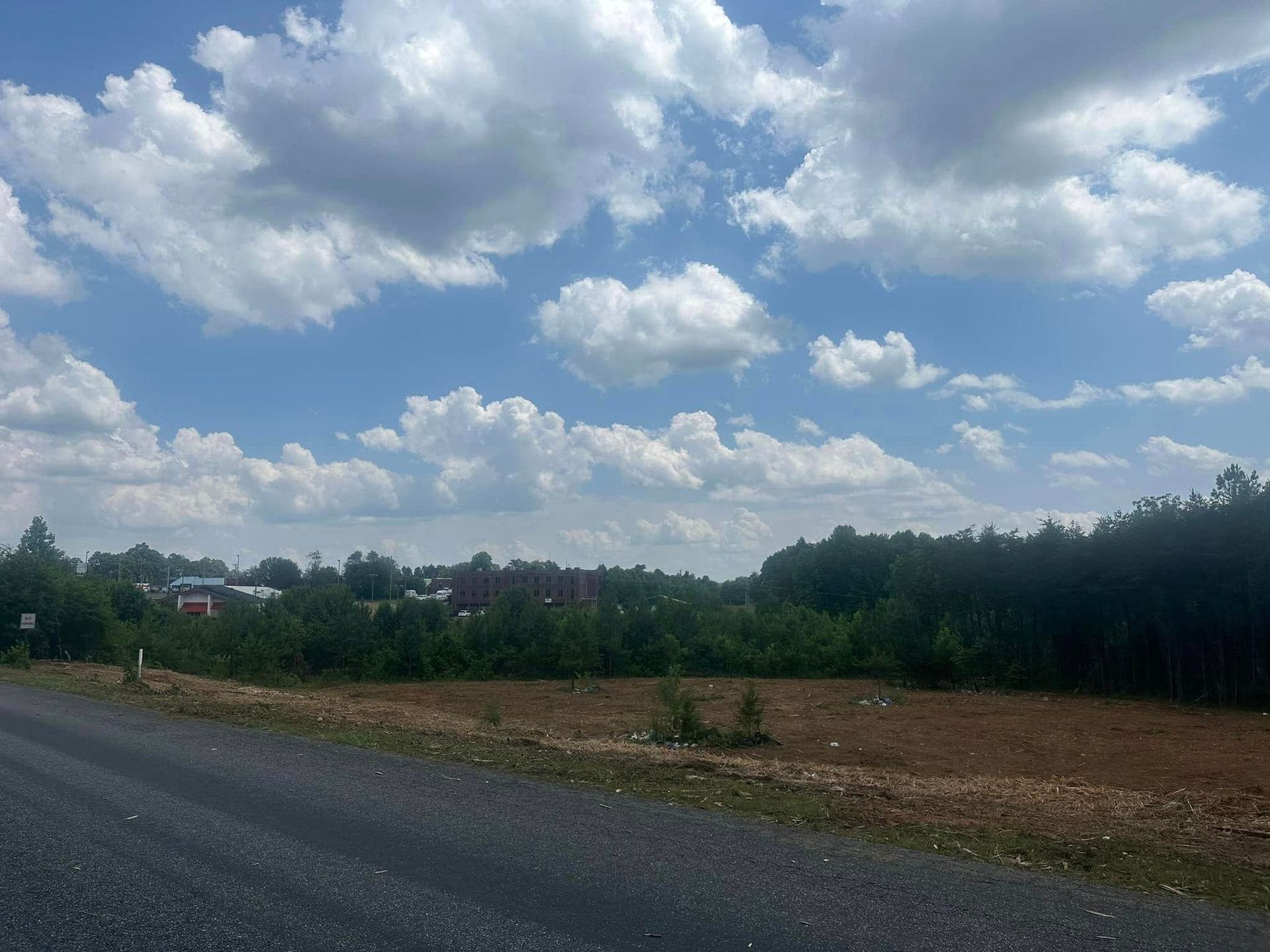 A road going through a field with trees in the background and a blue sky with clouds.