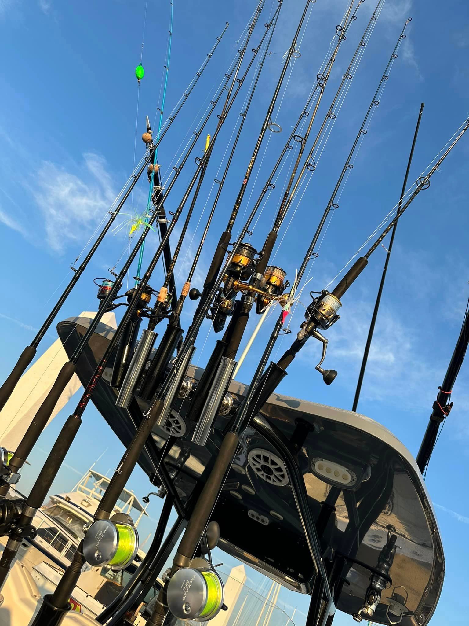 A bunch of fishing rods are sitting on top of a boat.
