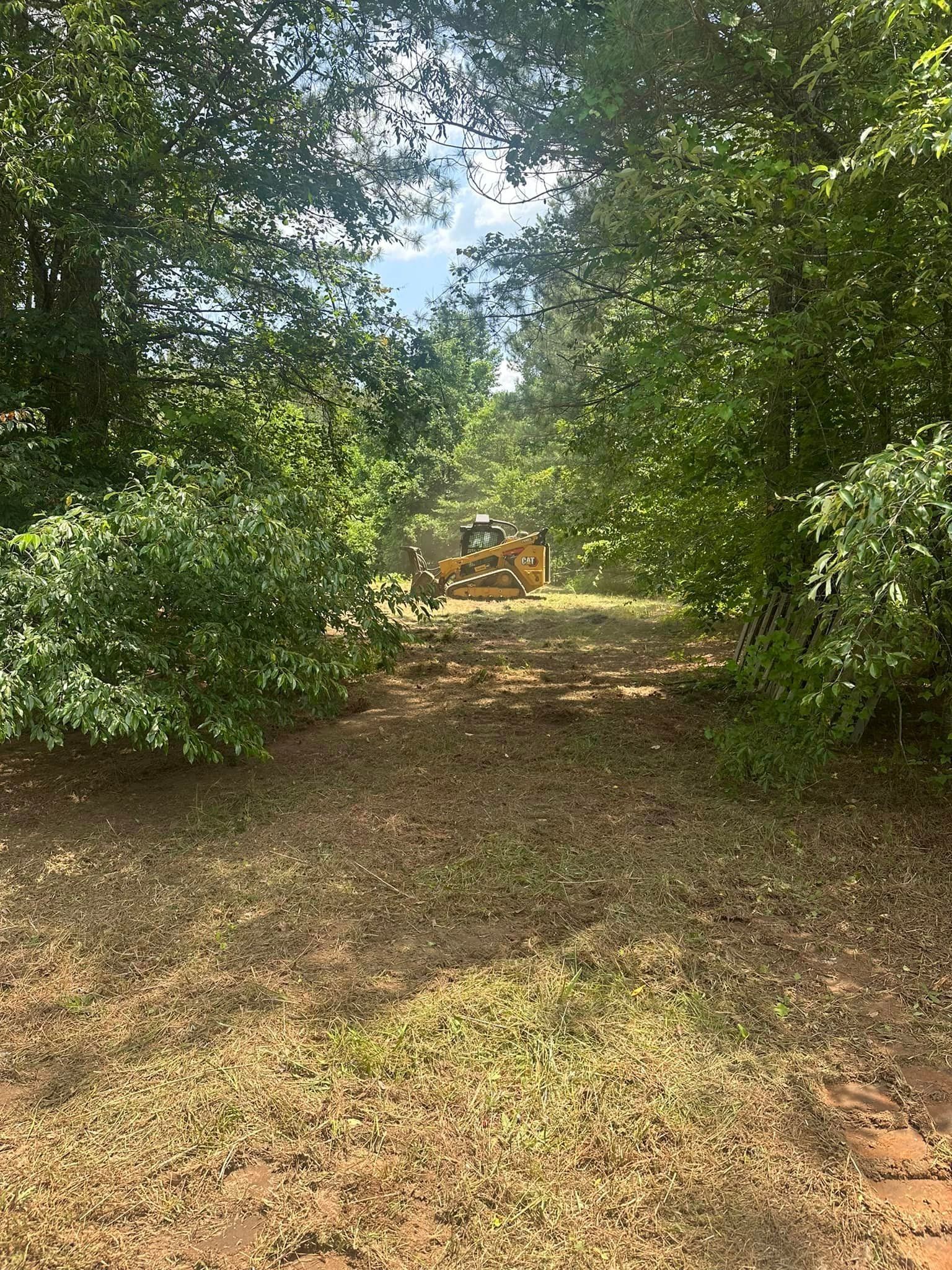A bulldozer is driving through a field surrounded by trees.