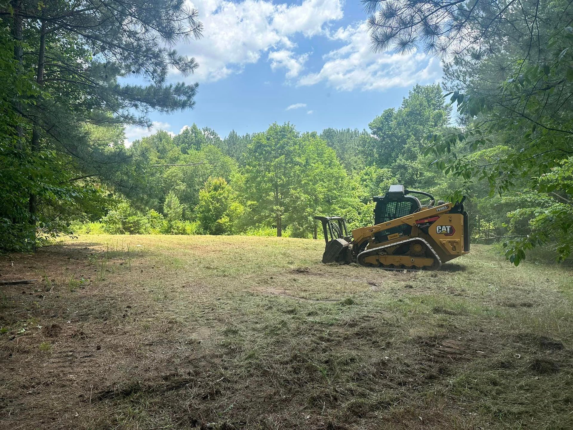 A bulldozer is cutting grass in a field surrounded by trees.