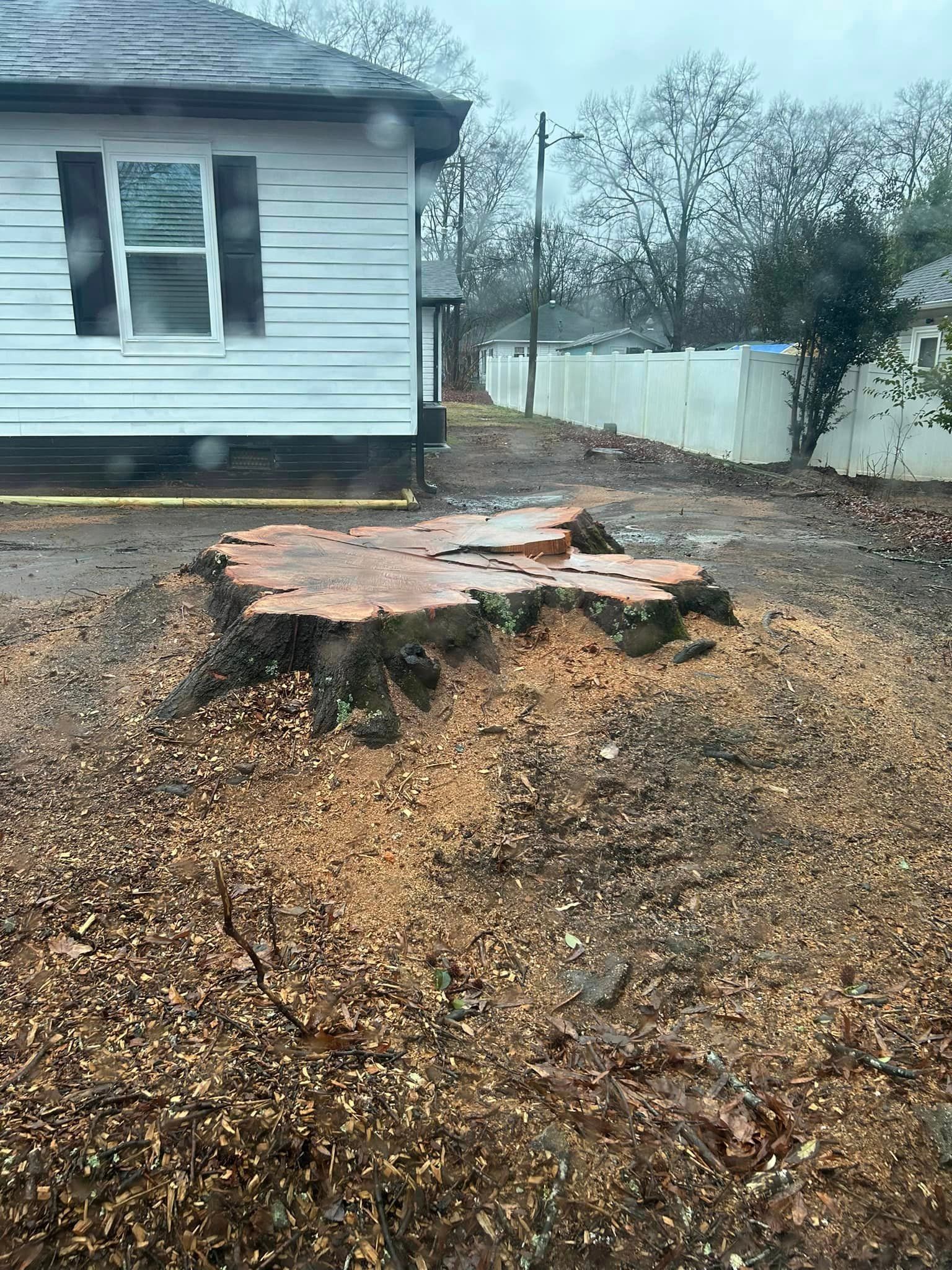 A large tree stump is sitting in front of a house.