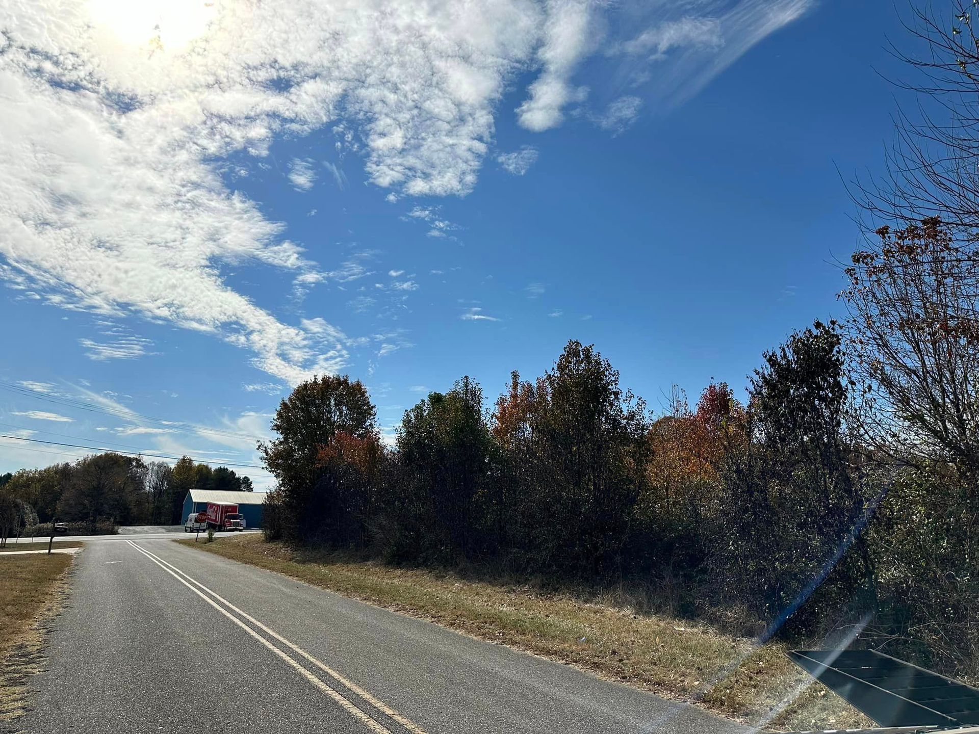 A road with trees on both sides and a blue sky with clouds