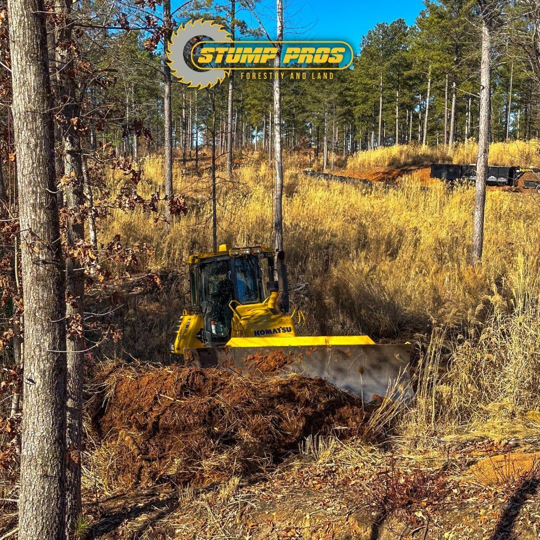 A yellow bulldozer is plowing a field in the woods.