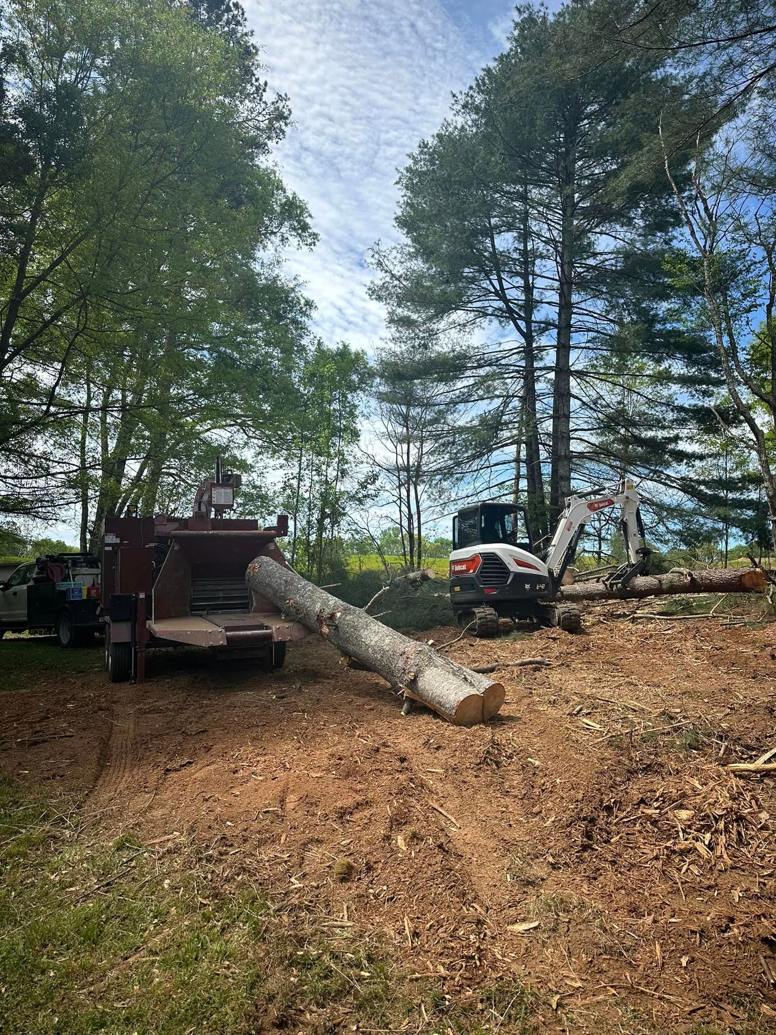 A tree is being cut down by a machine in a yard.