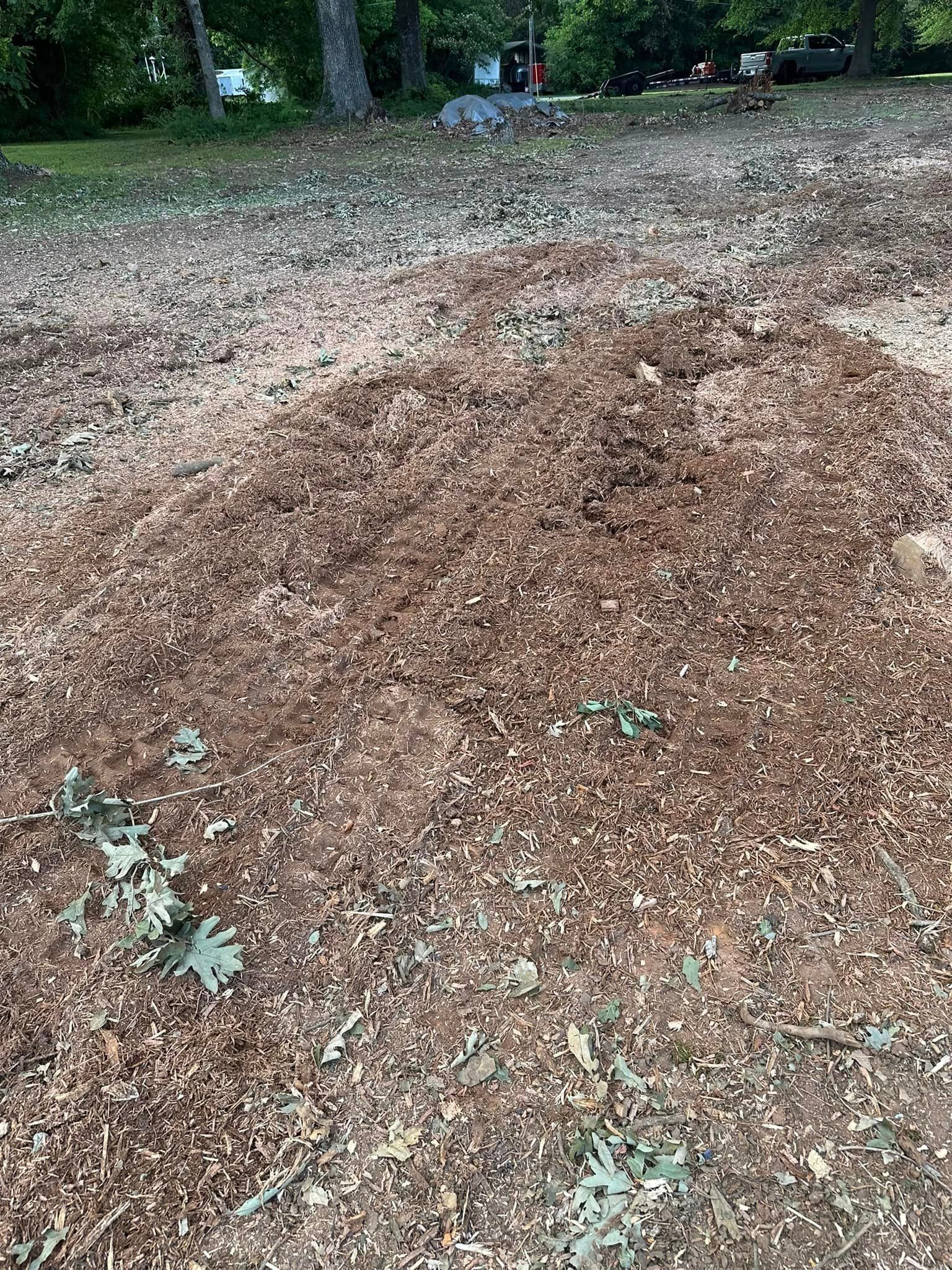 A pile of wood chips is sitting on the ground in a field.