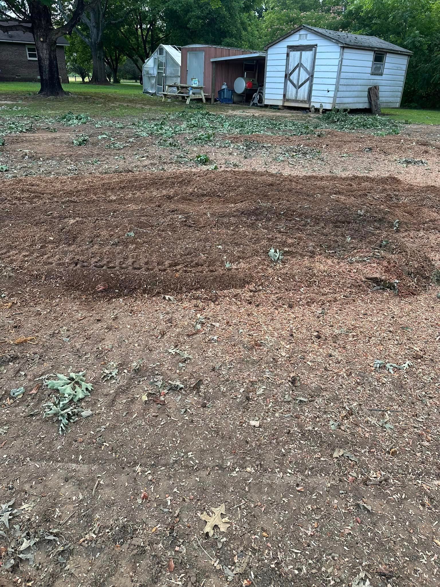 A shed is sitting in the middle of a dirt field.