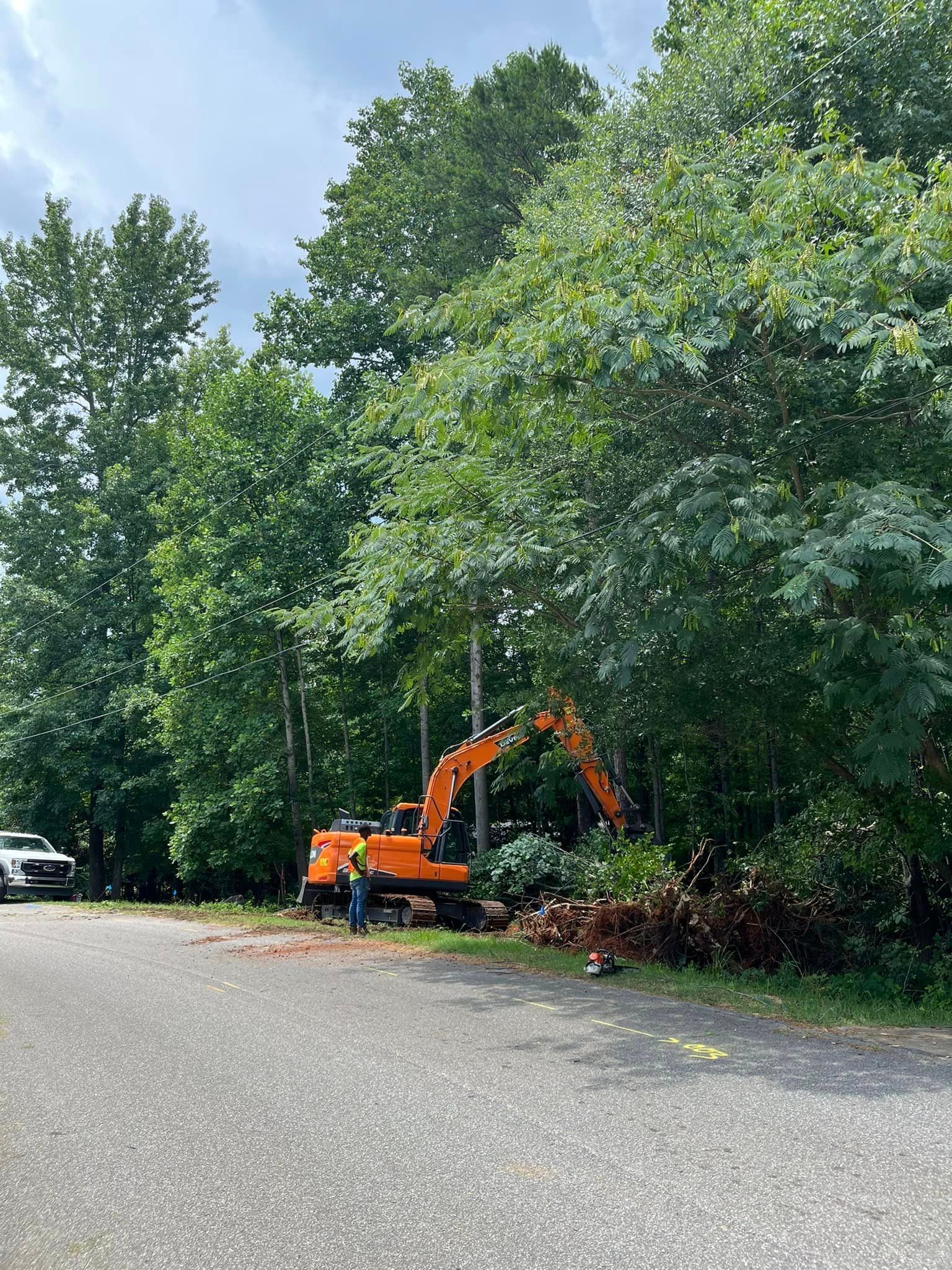 An orange excavator is cutting down trees in a parking lot.