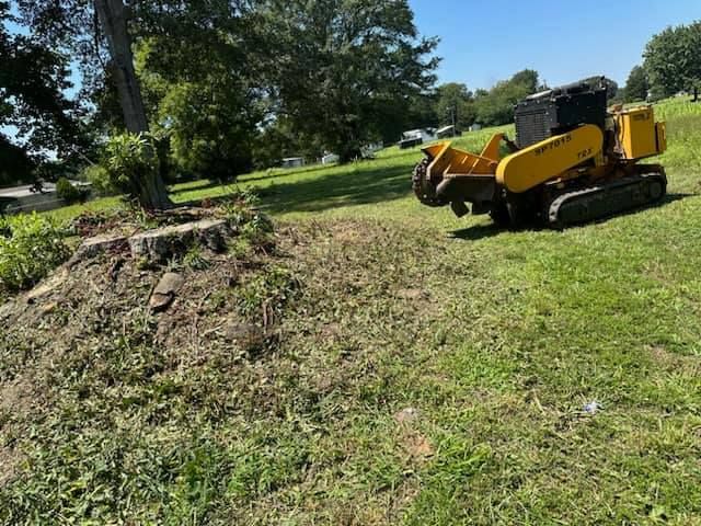 A yellow stump grinder is sitting in the grass next to a tree stump.