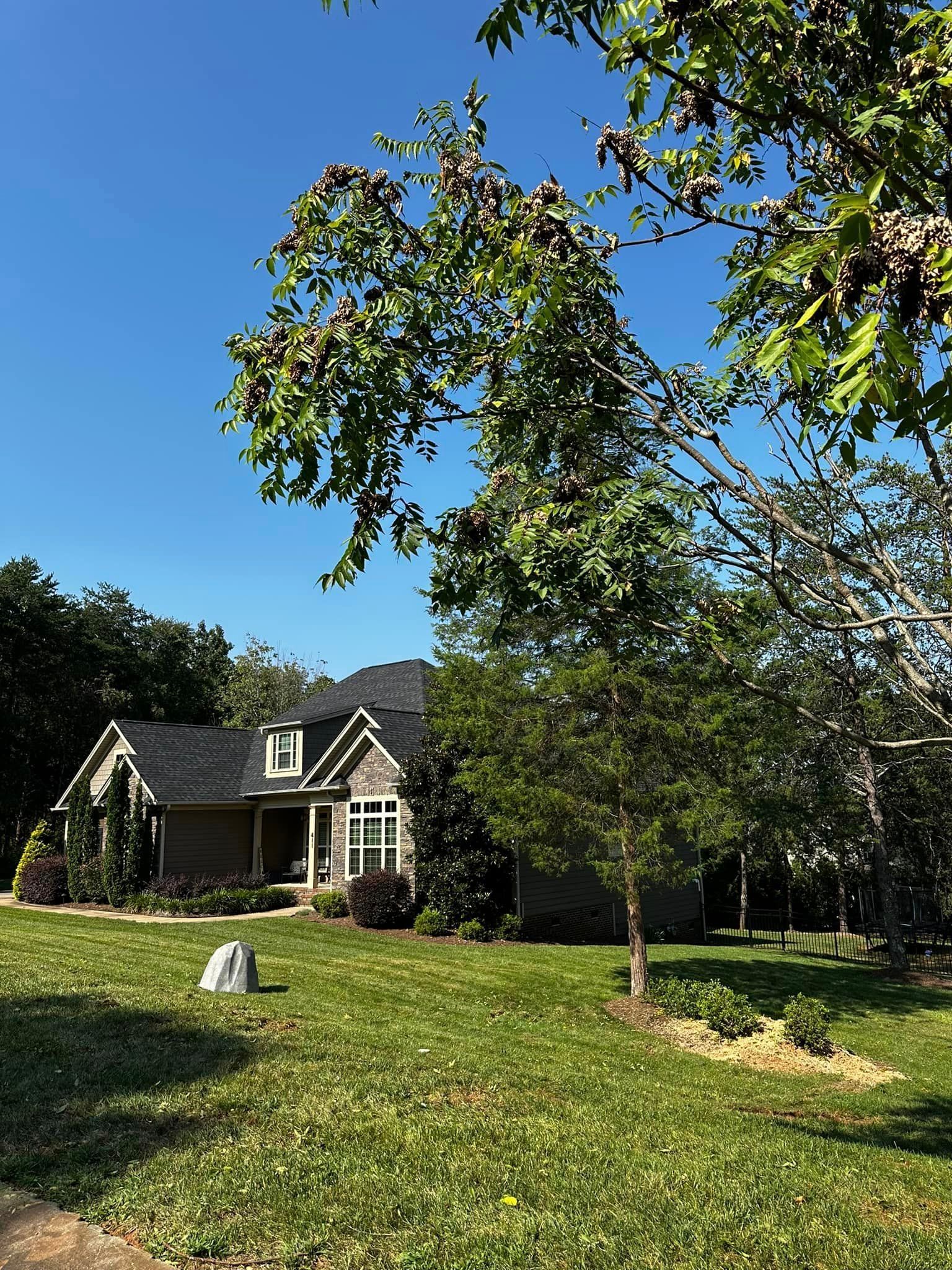A house with a large lawn and trees in front of it.