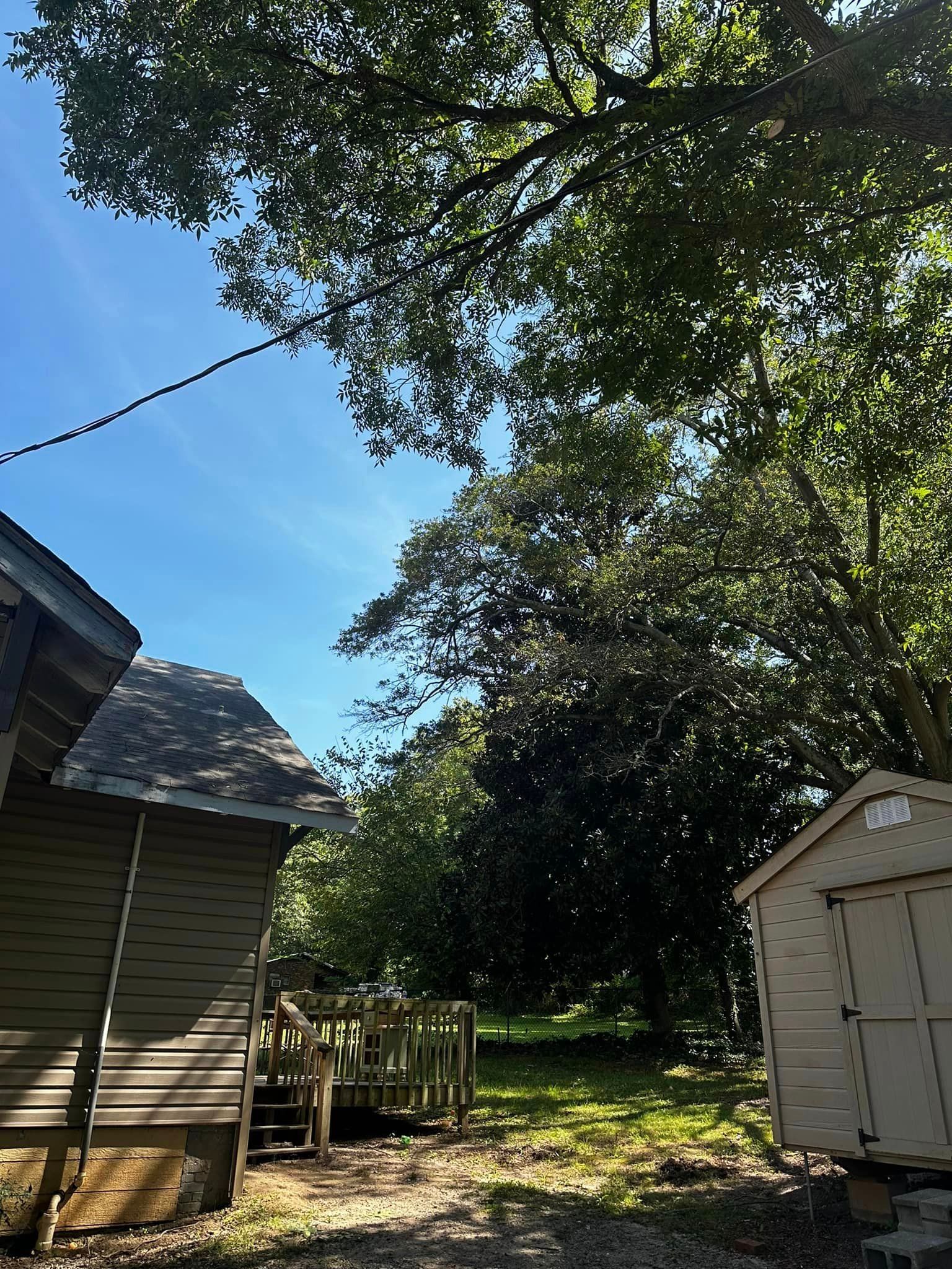 A house with a shed and a deck in the backyard.