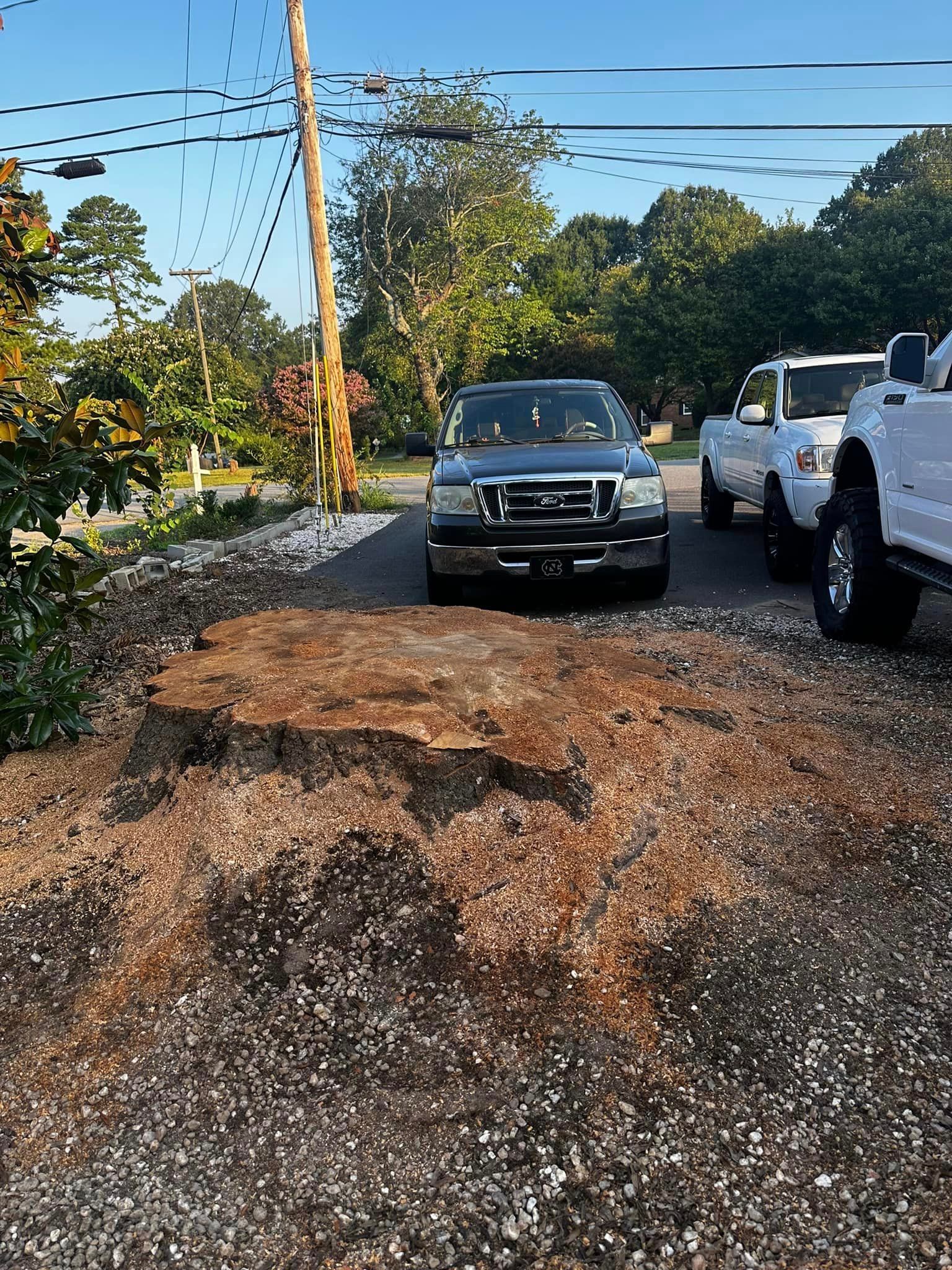 A car is parked on the side of the road next to a tree stump.