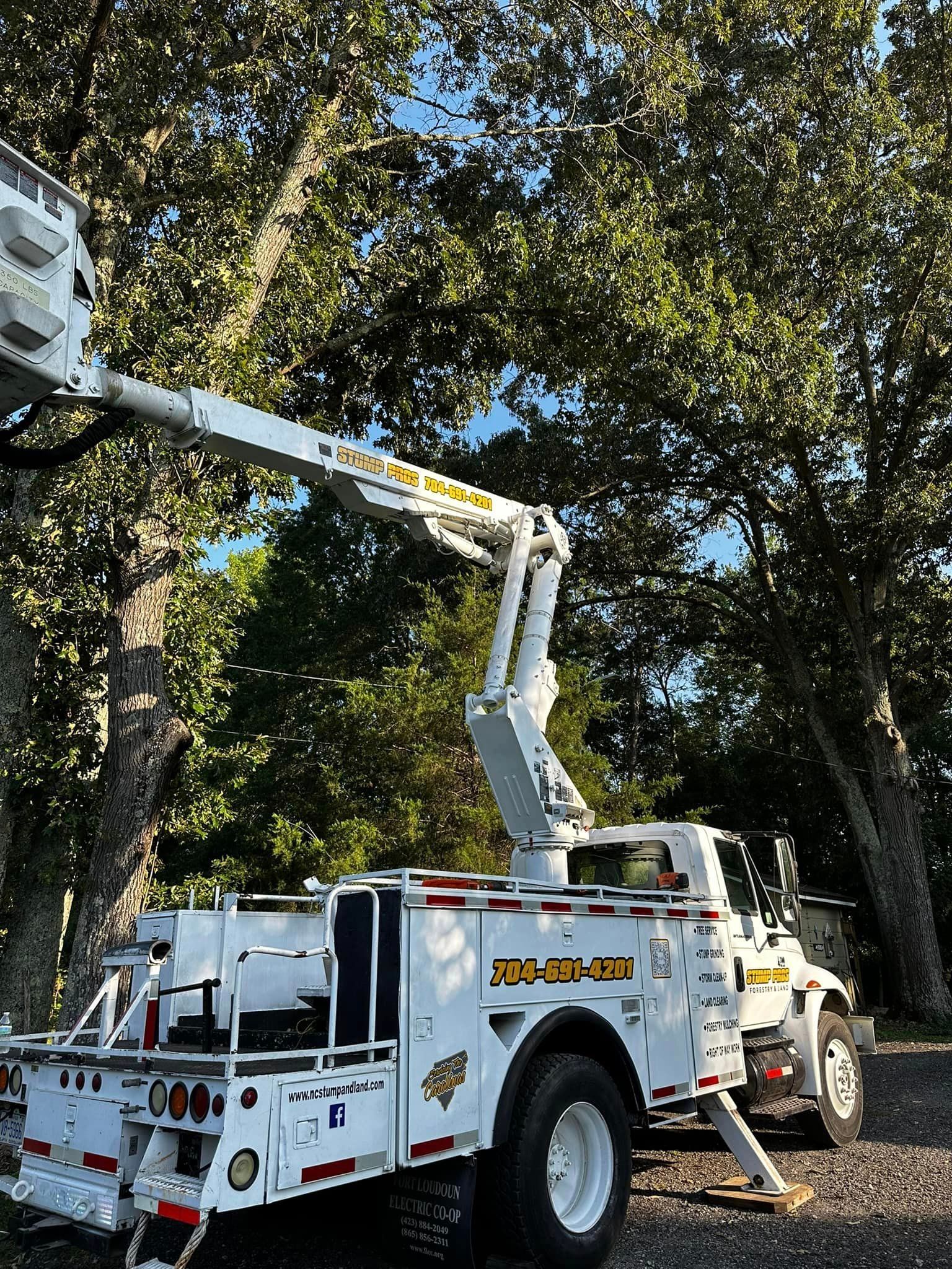 A white utility truck with a bucket on top of it is parked in front of trees.