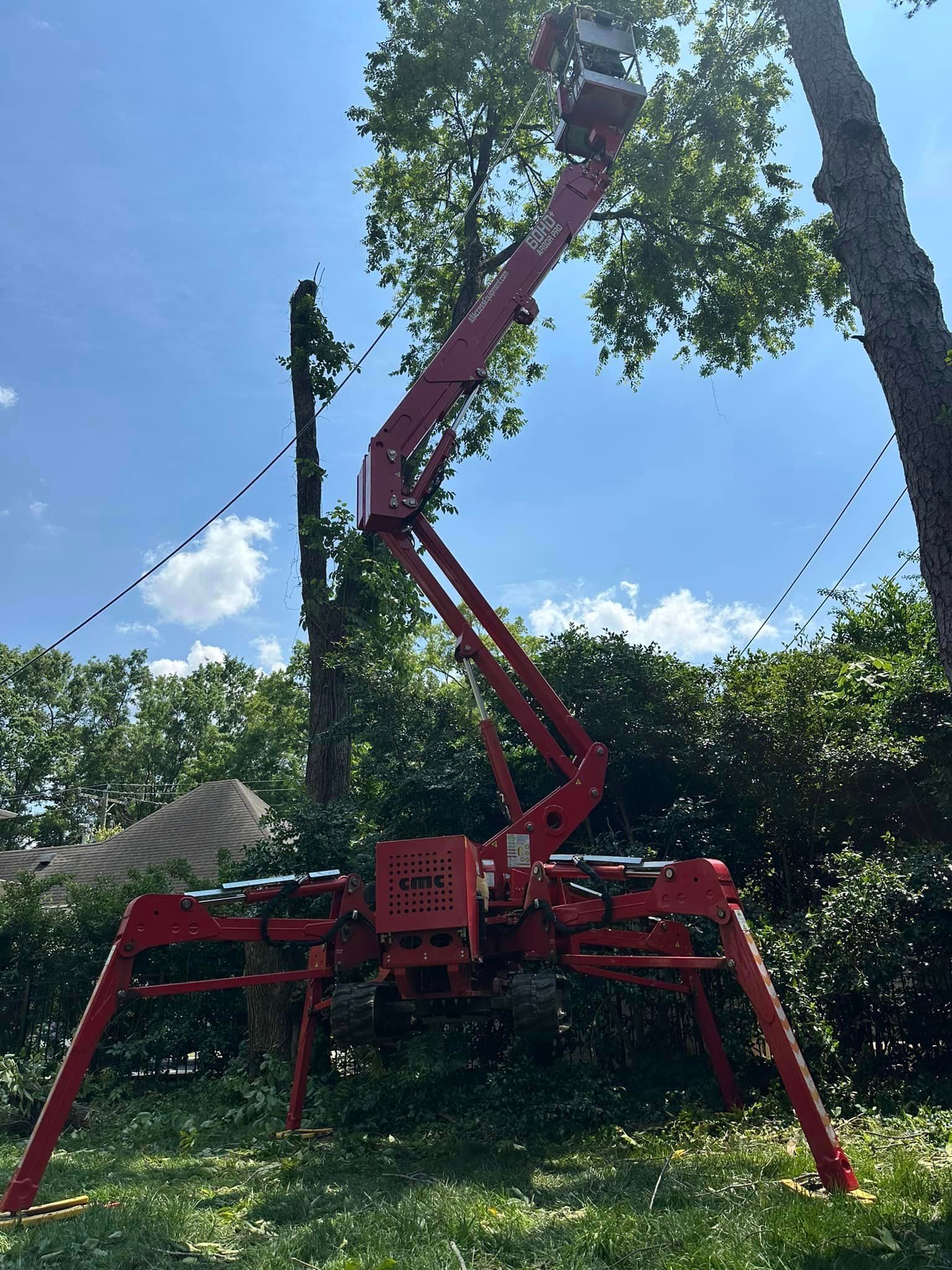 A red crane is cutting a tree in a yard.