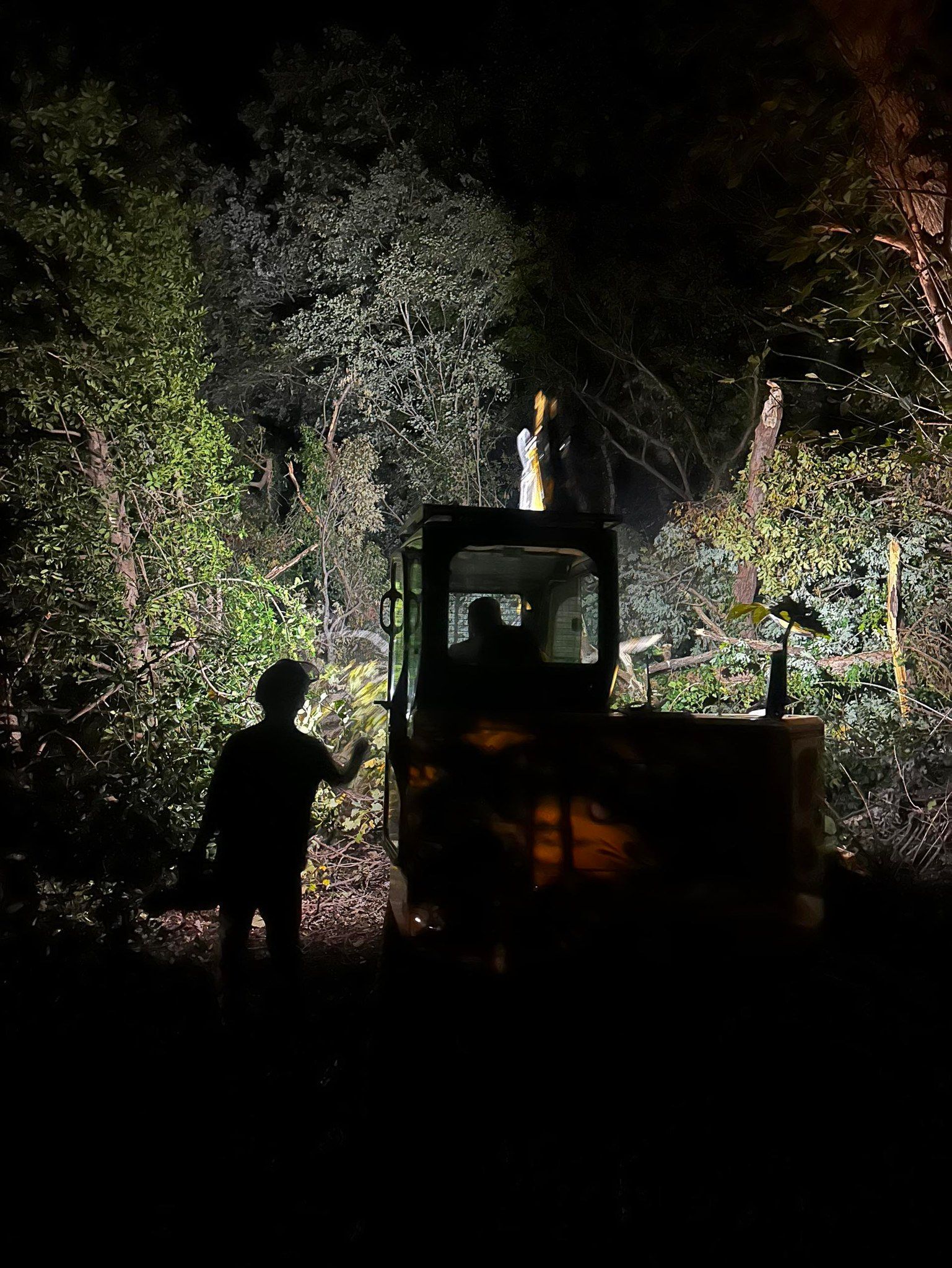 A man is standing in front of a bulldozer at night.
