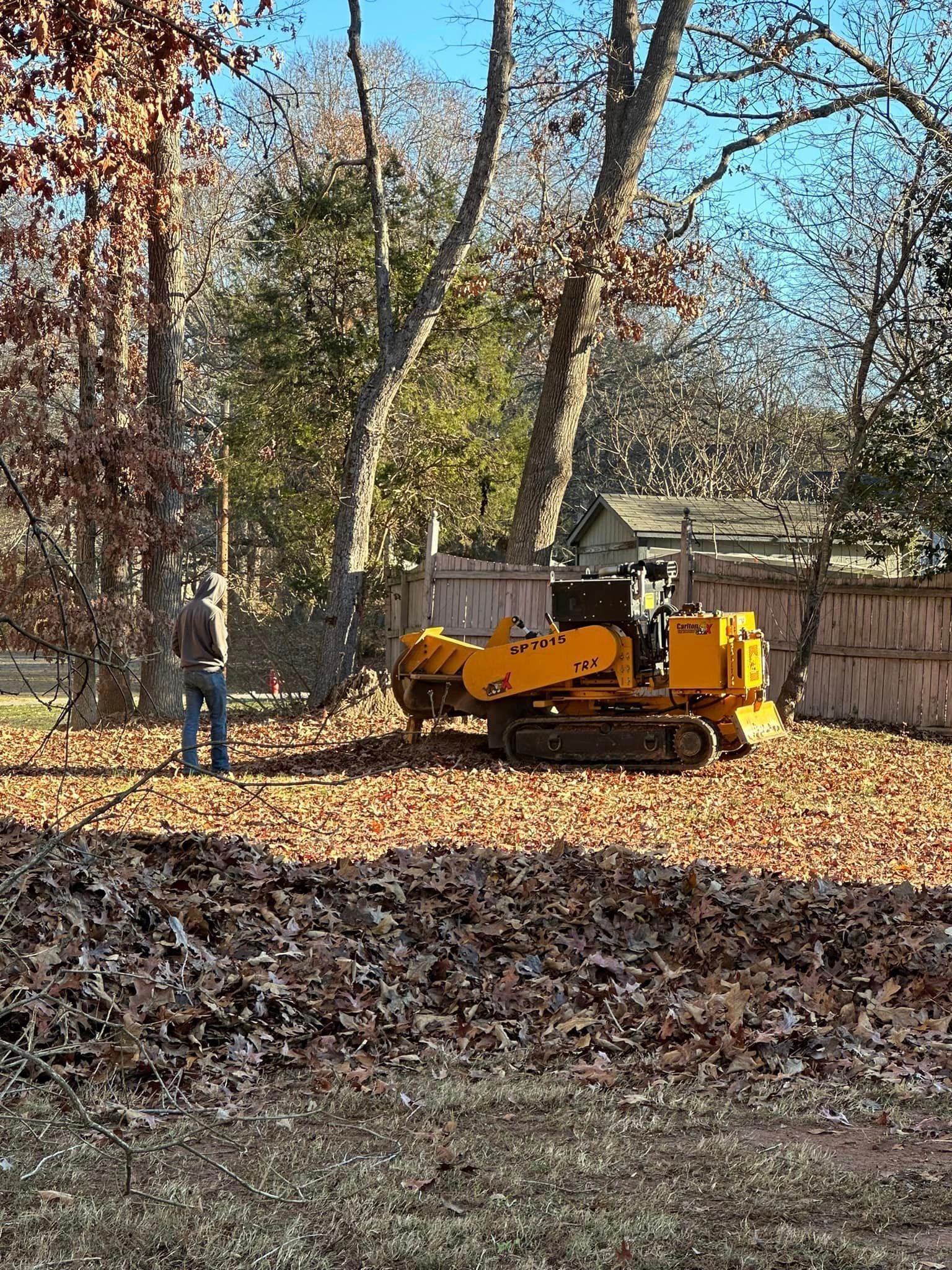A man is standing next to a yellow stump grinder in a yard.