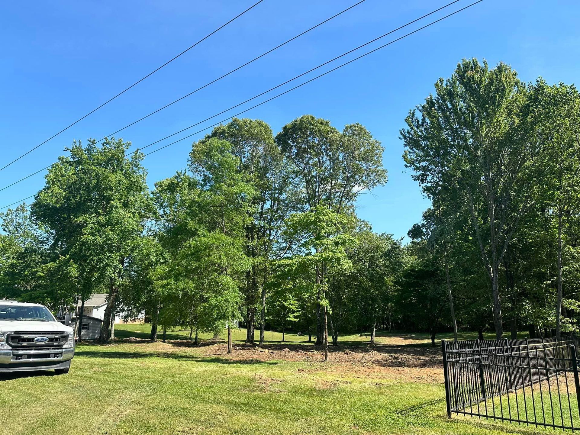 A white truck is parked in a grassy field surrounded by trees.