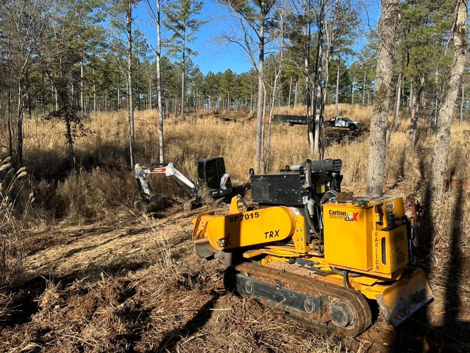 A yellow bulldozer is sitting in the middle of a forest.