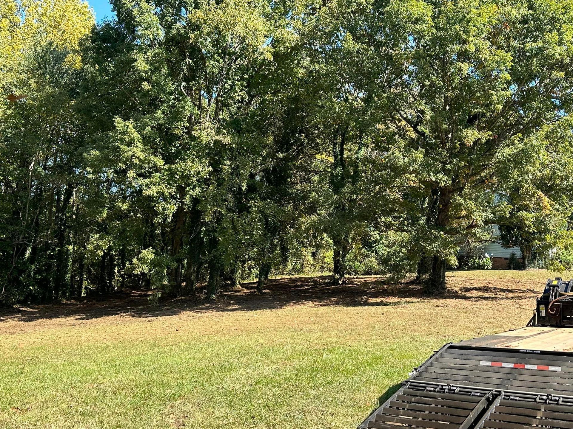 A truck is parked in a grassy field with trees in the background.