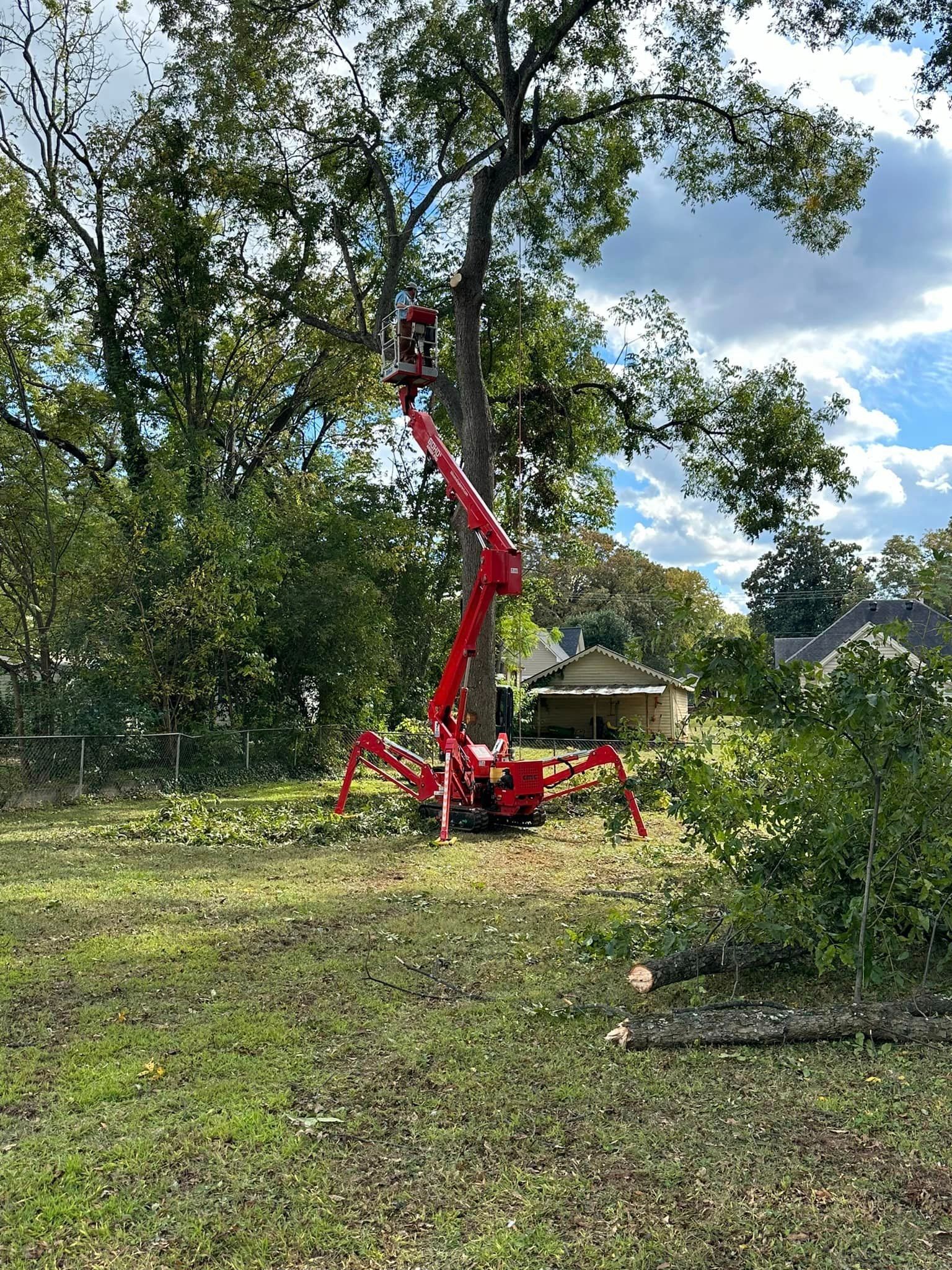 A red crane is cutting a tree in a yard.