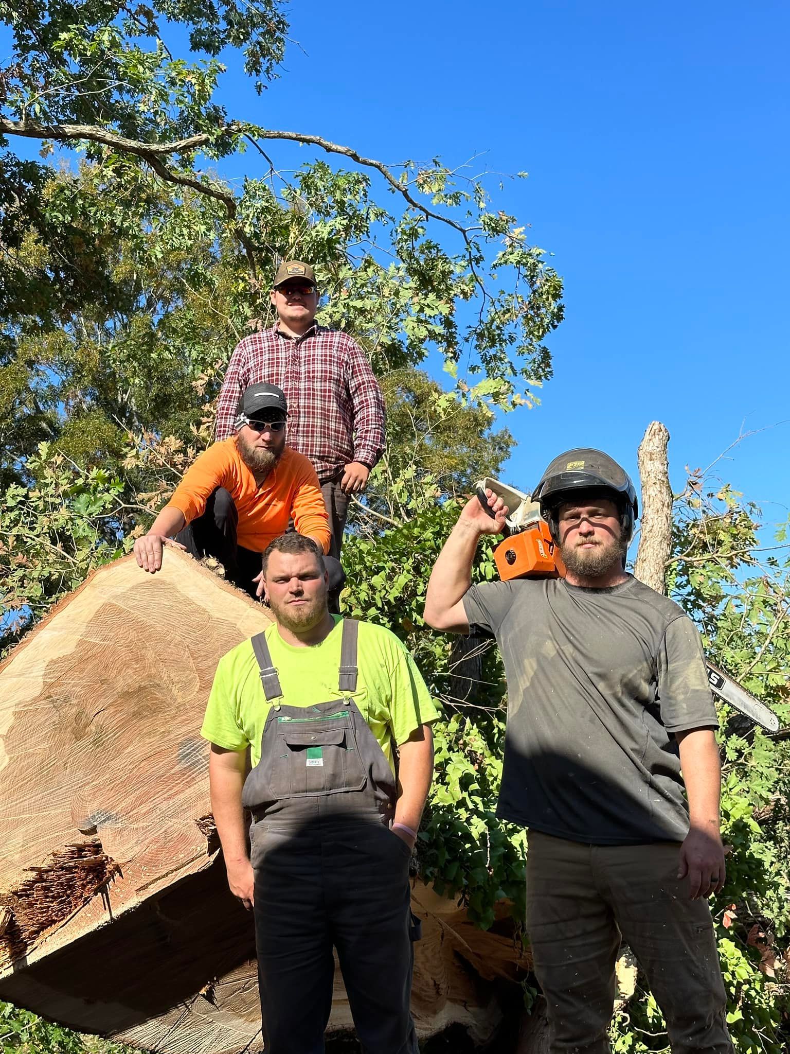 A group of men are posing for a picture in front of a tree.