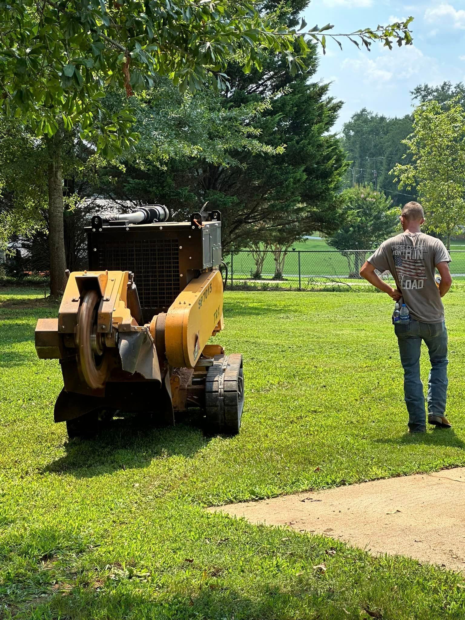 A man is standing in front of a stump grinder in a park.