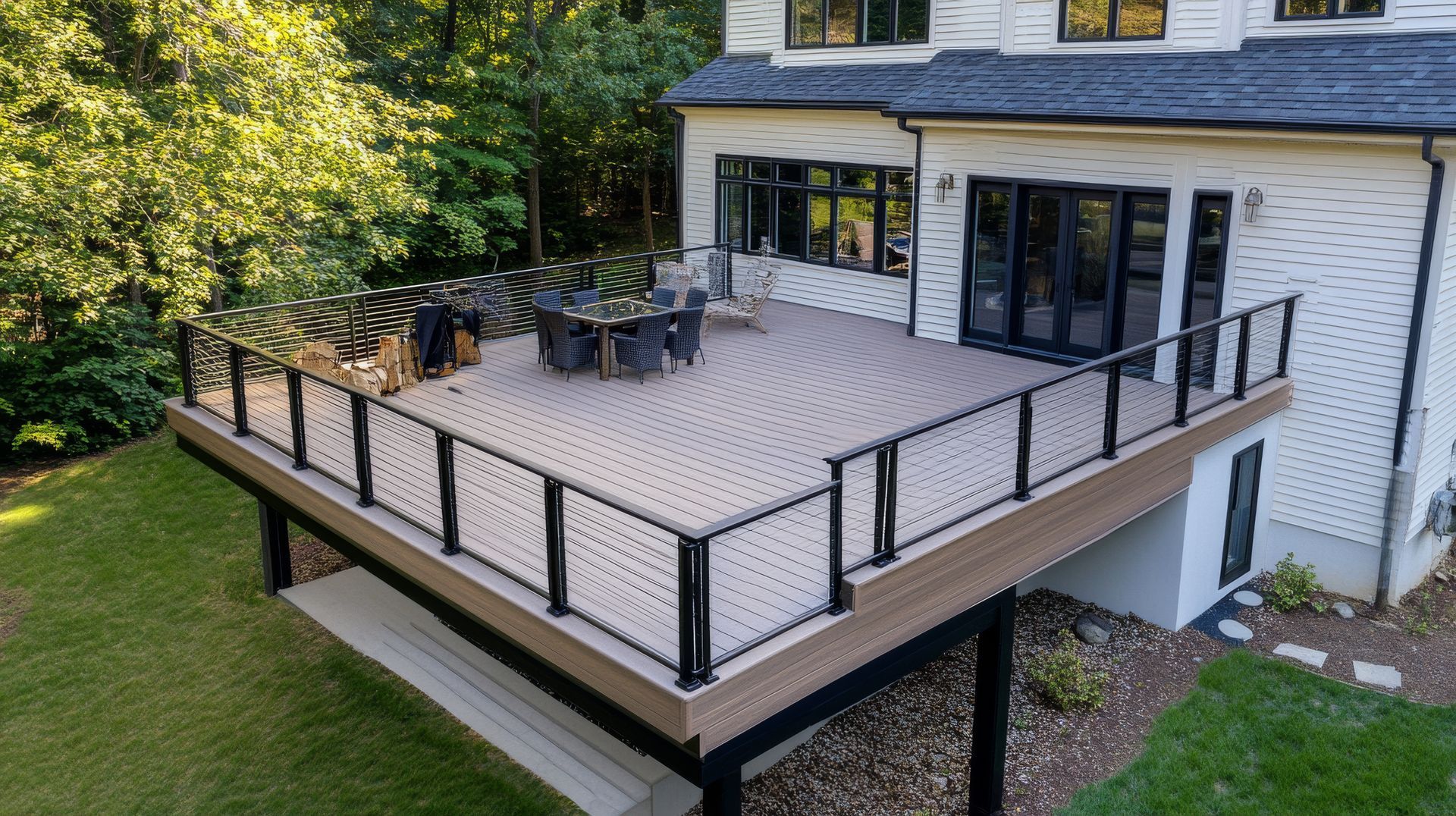 An aerial view of a large deck in the backyard of a house.