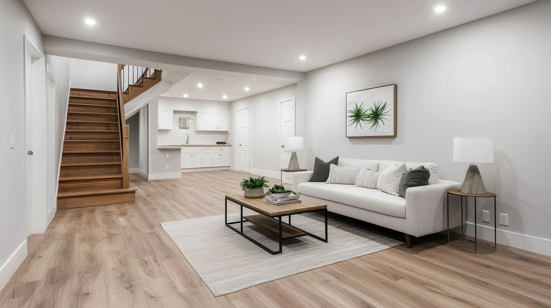 A living room with a couch , coffee table , and stairs.
