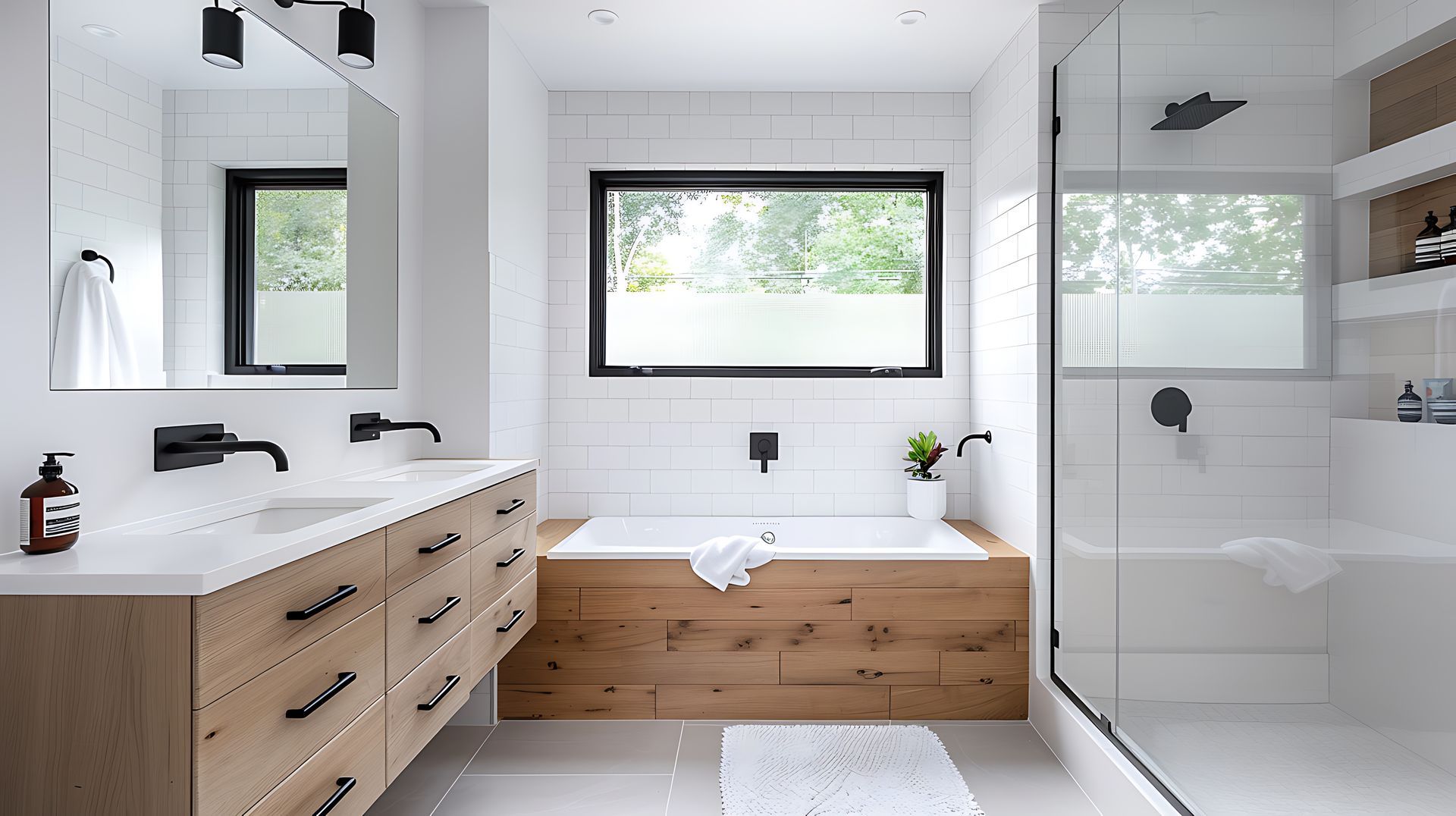 A bathroom with two sinks , a tub , a shower and a window.