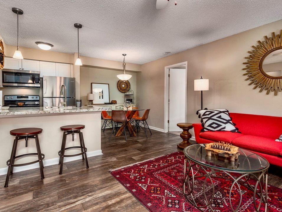 Open-concept living space with kitchen, dining, and living areas. Red sofa, wood floors, and patterned rug.