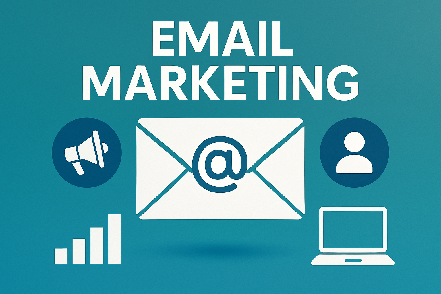 Email marketing graphic with an envelope, megaphone, user icon, chart, and laptop. Teal background.
