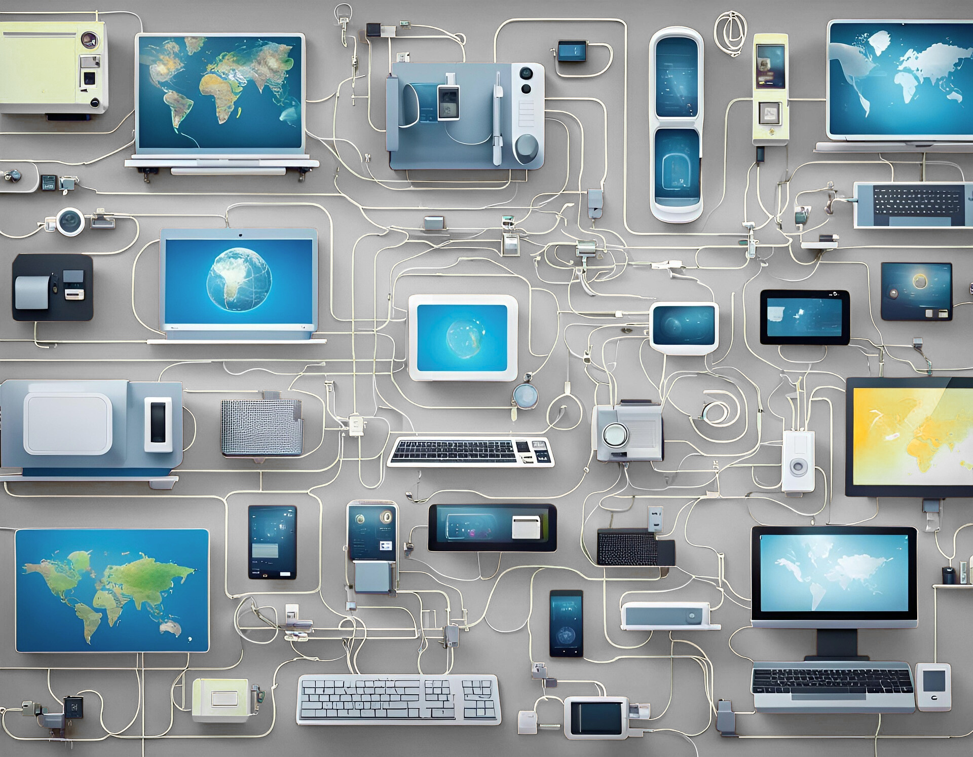A diagram-like illustration of various electronic devices (computers, tablets, phones) connected by a network of silver wires against a gray background.