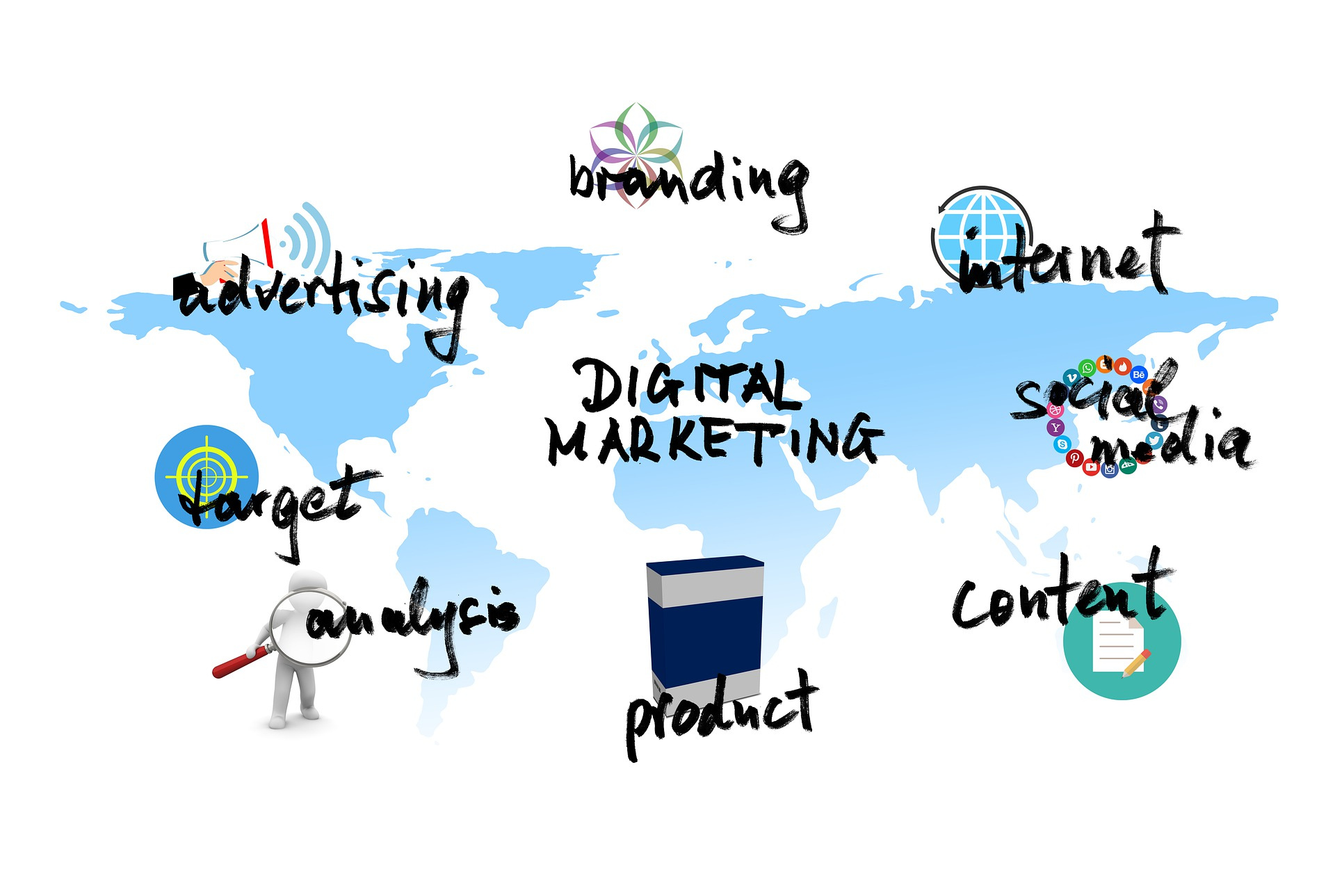 World map illustration with digital marketing concepts: advertising, branding, target, social media, product, etc.