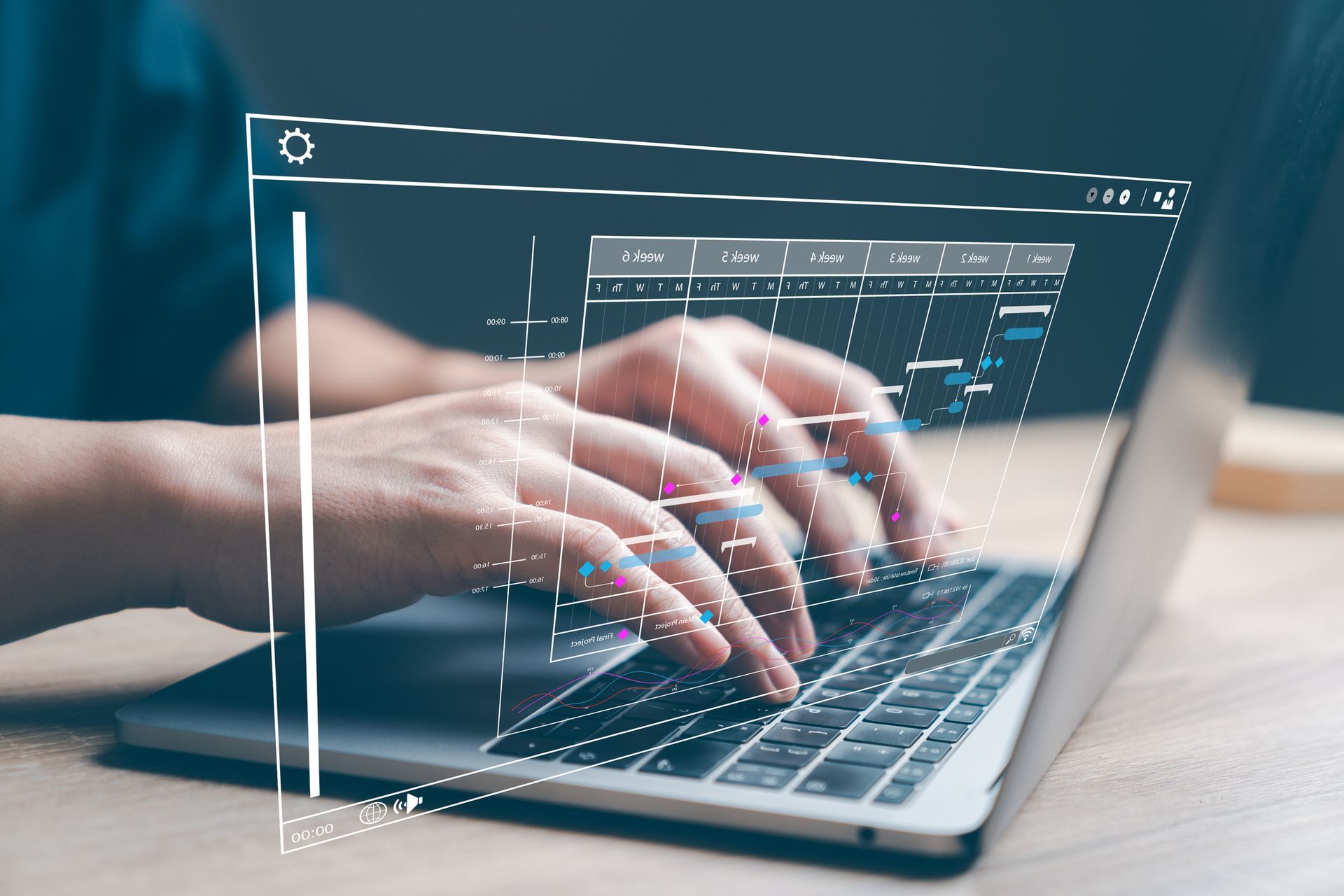 Hands typing on a laptop with an overlaid interface showing a project timeline, in a business setting. Hands typing on a laptop with an overlaid interface showing a project timeline, in a business setting.