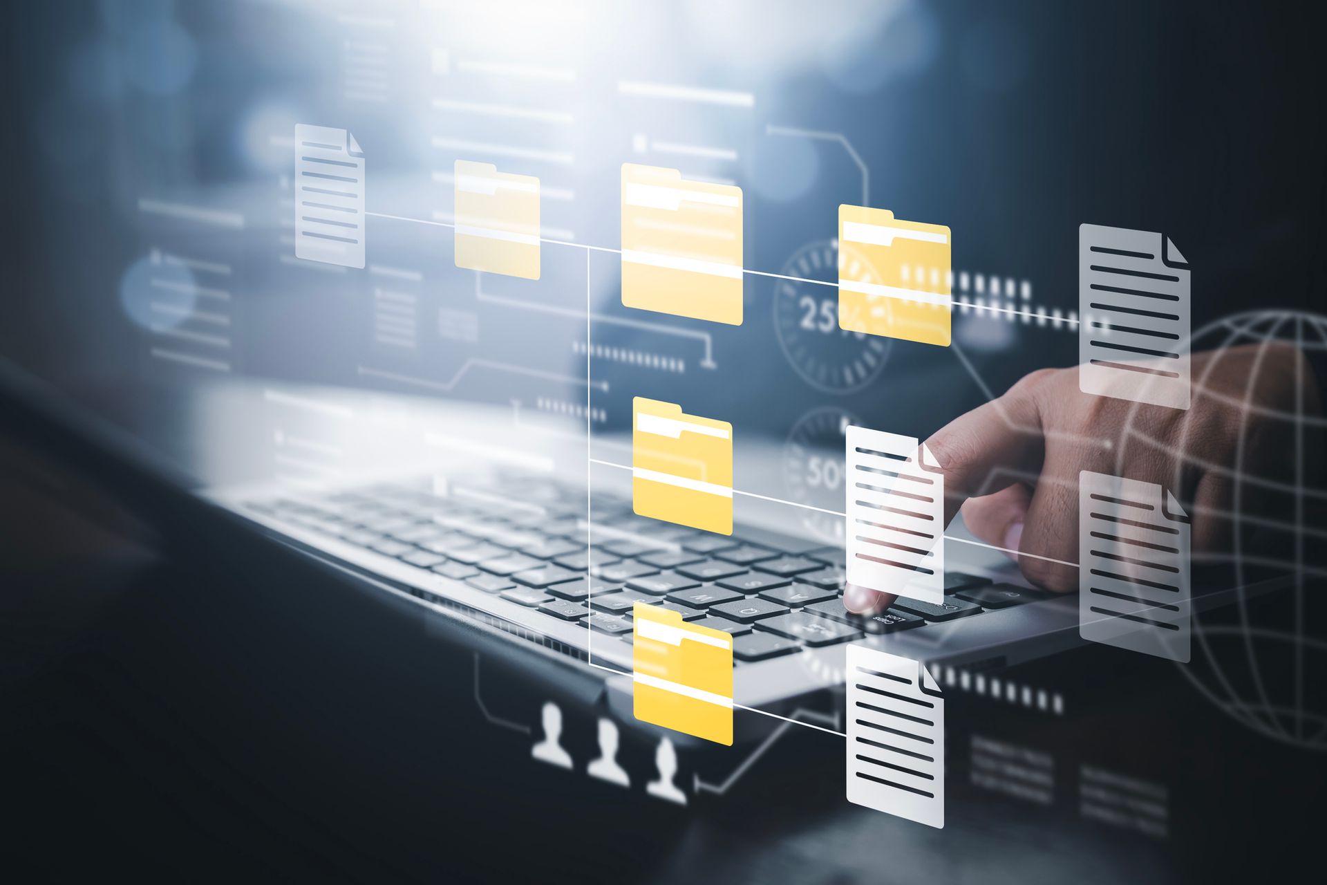 Person using a laptop, with digital folders and documents overlaid representing data storage and management.