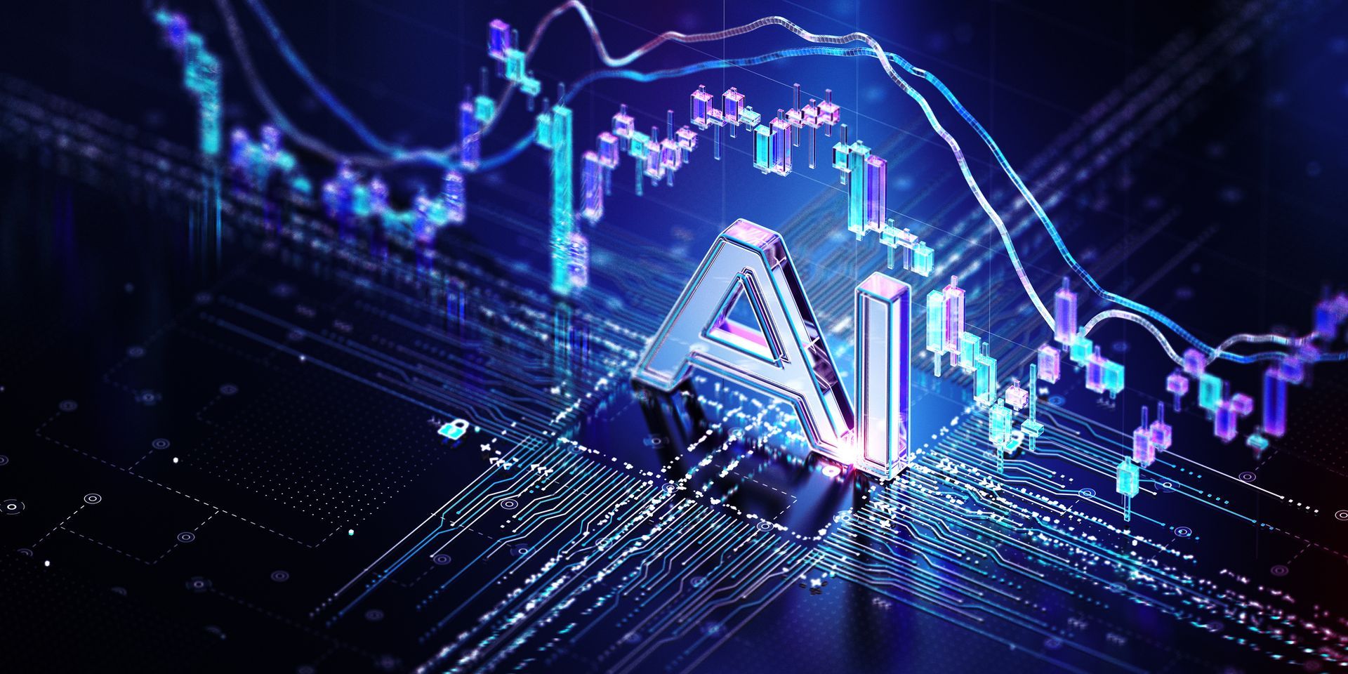 AI logo on a circuit board with stock market graphs in the background. A digital concept with blue and purple colors.