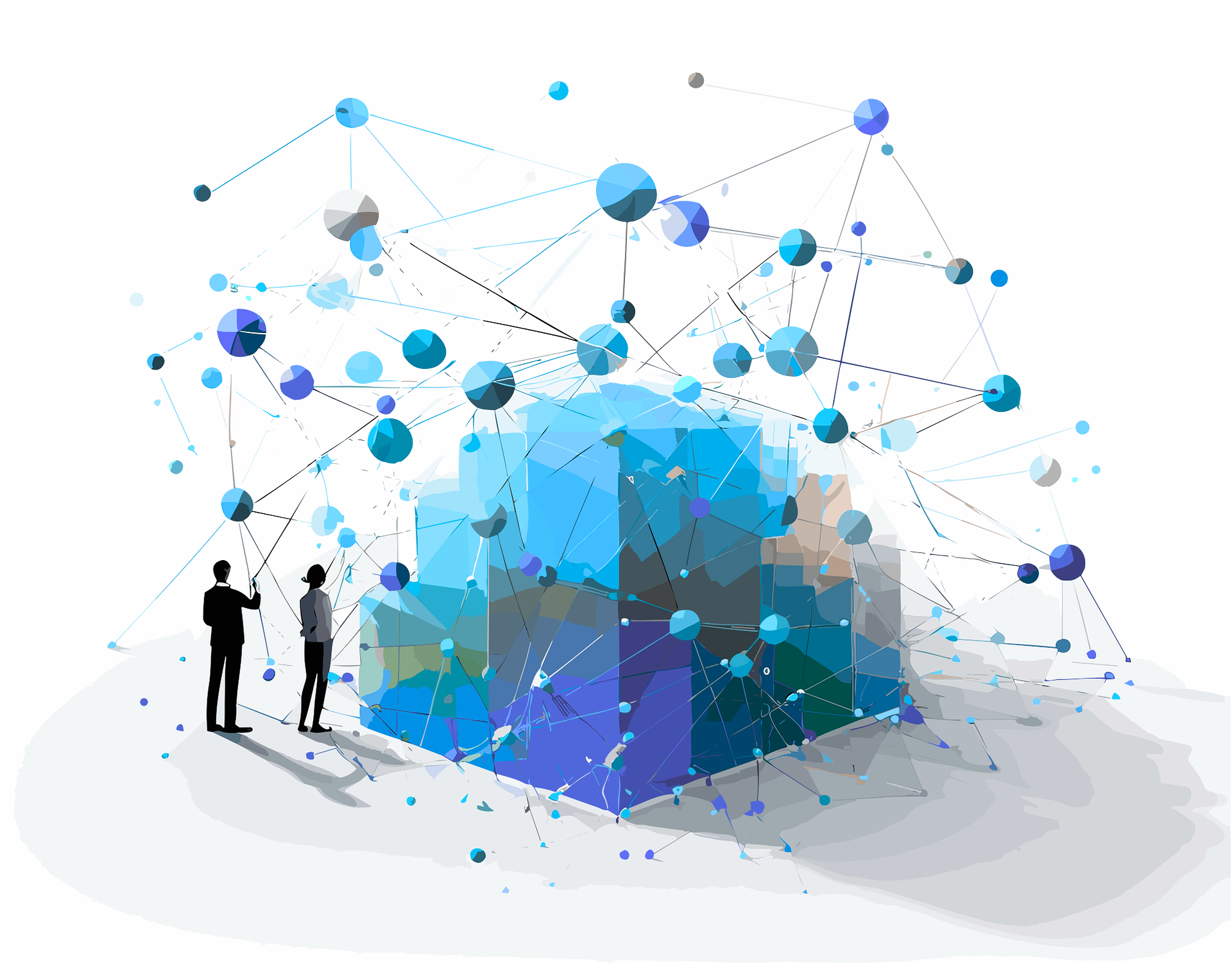 Two people looking at a large, abstract data visualization cube with interconnected nodes in shades of blue and teal.
