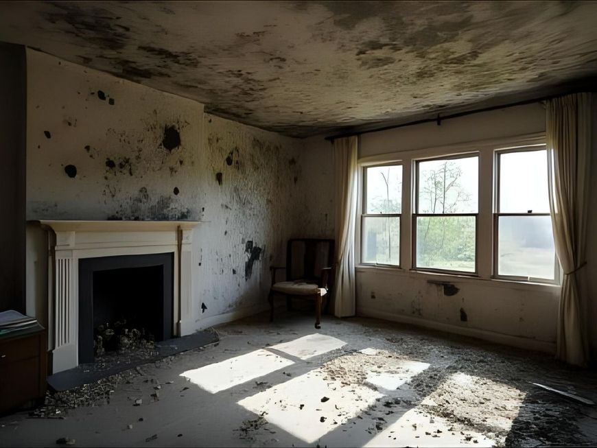 An abandoned, dilapidated room with dark stains on walls and ceiling, a fireplace, and a single wooden chair near windows.