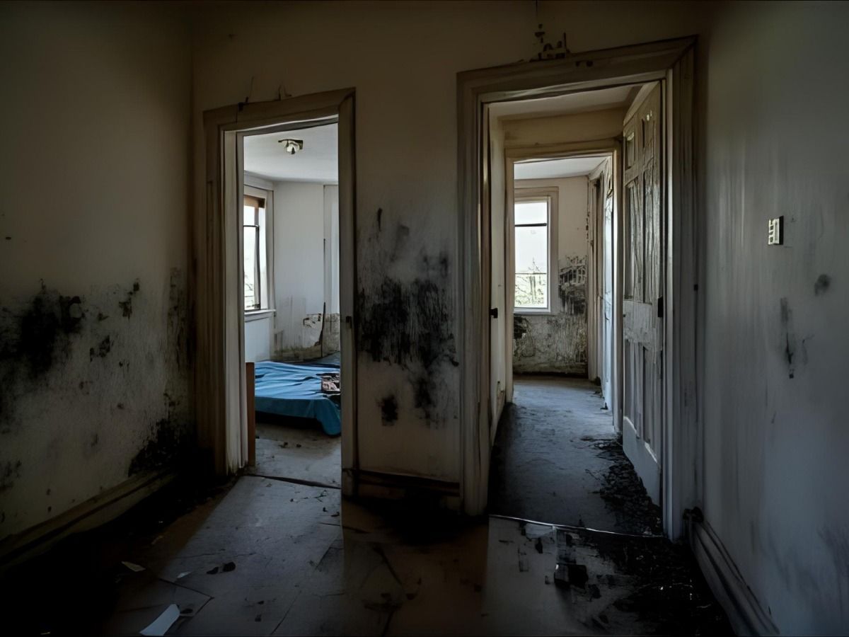 An abandoned hallway with decaying, mold-stained walls, leading into two rooms, one containing a blue mattress.